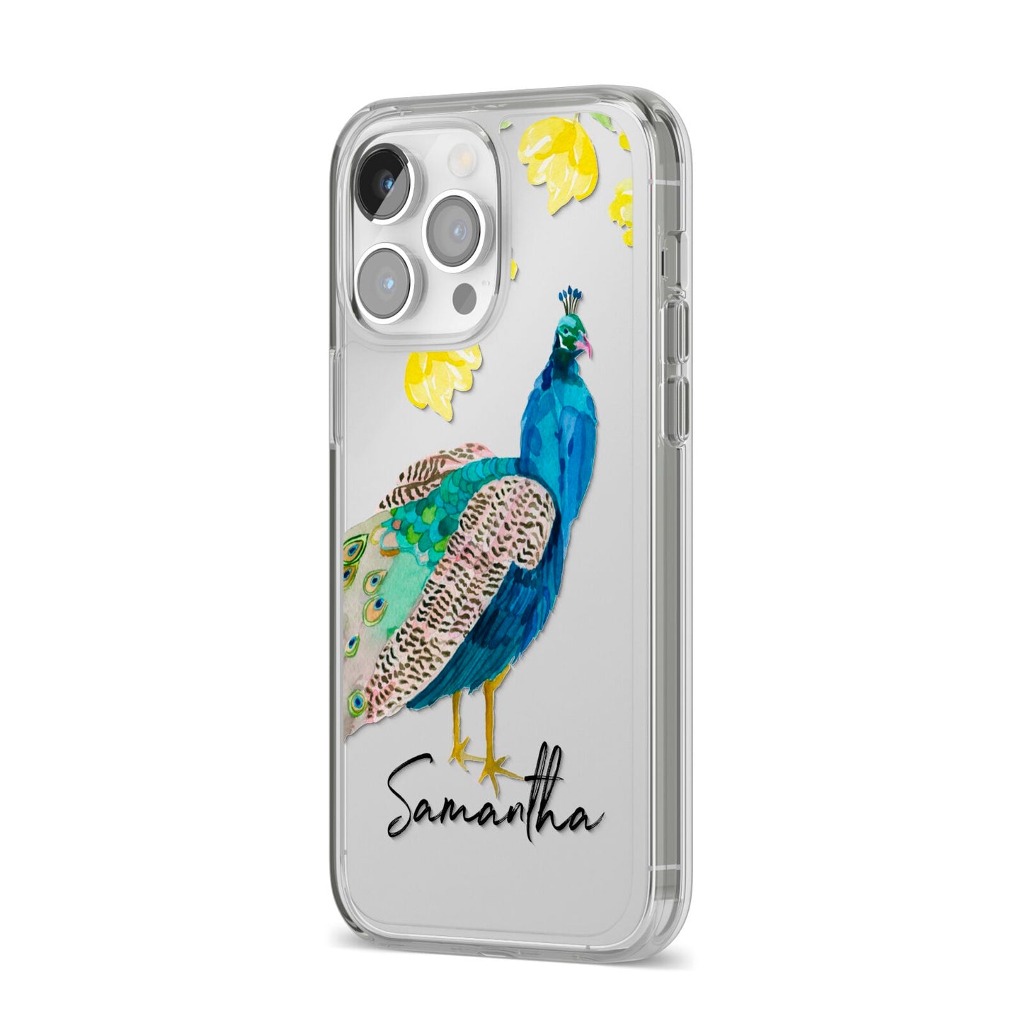 Personalised Peacock iPhone 14 Pro Max Clear Tough Case Silver Angled Image