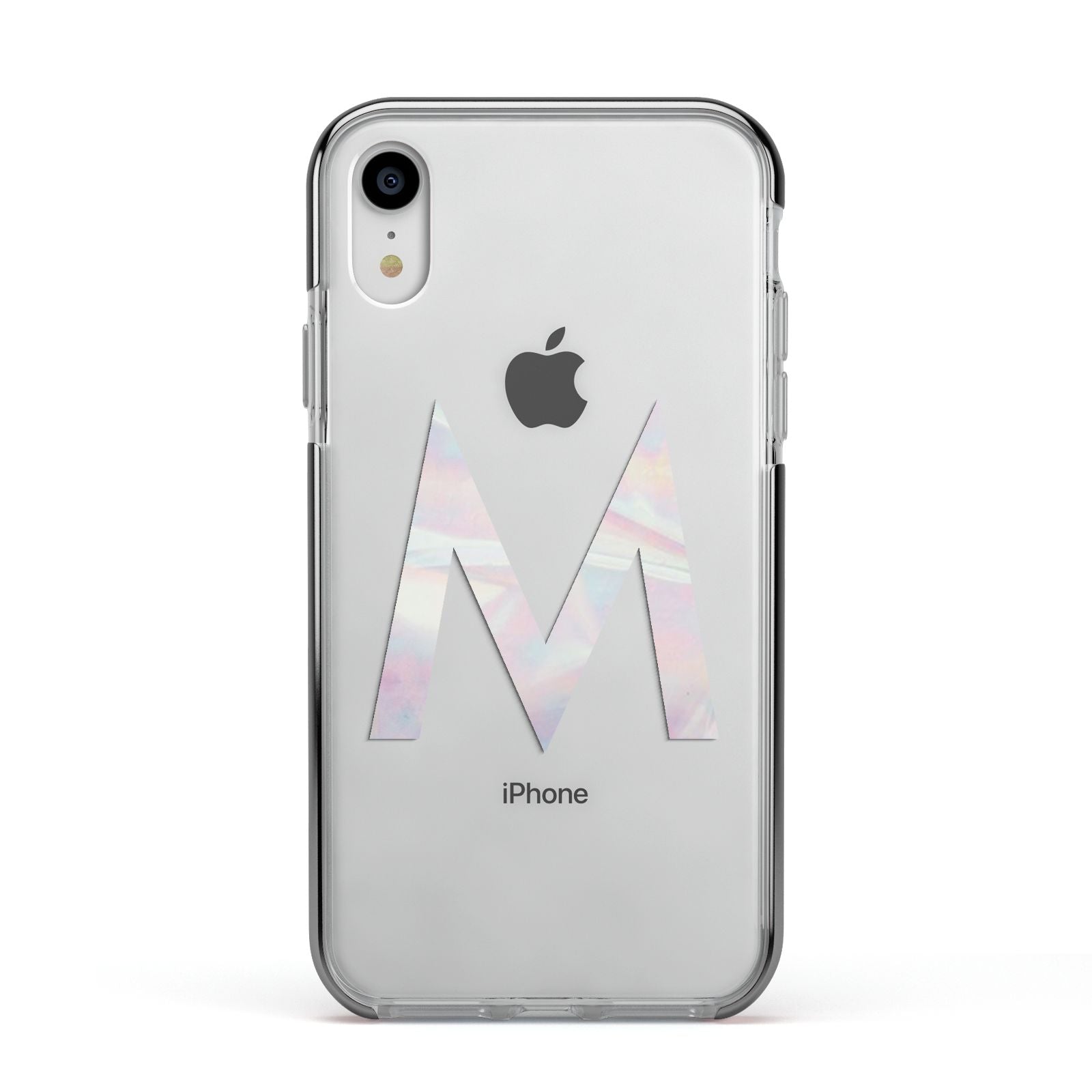 Personalised Pearl Marble Initial Clear Custom Apple iPhone XR Impact Case Black Edge on Silver Phone