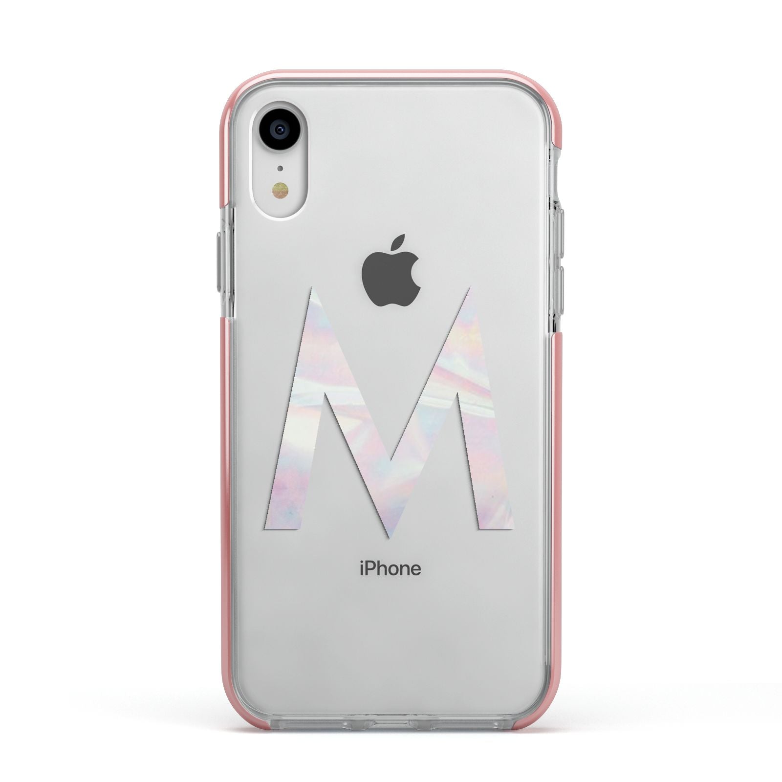 Personalised Pearl Marble Initial Clear Custom Apple iPhone XR Impact Case Pink Edge on Silver Phone