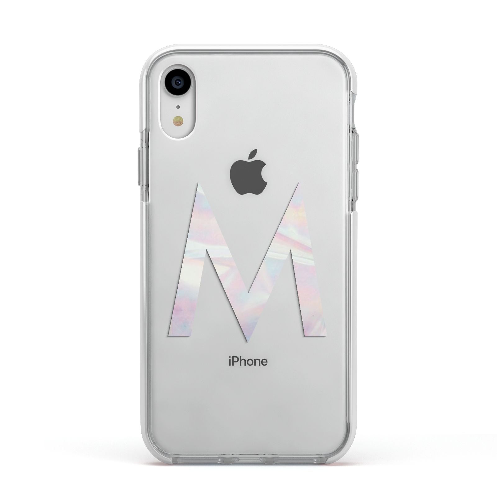 Personalised Pearl Marble Initial Clear Custom Apple iPhone XR Impact Case White Edge on Silver Phone