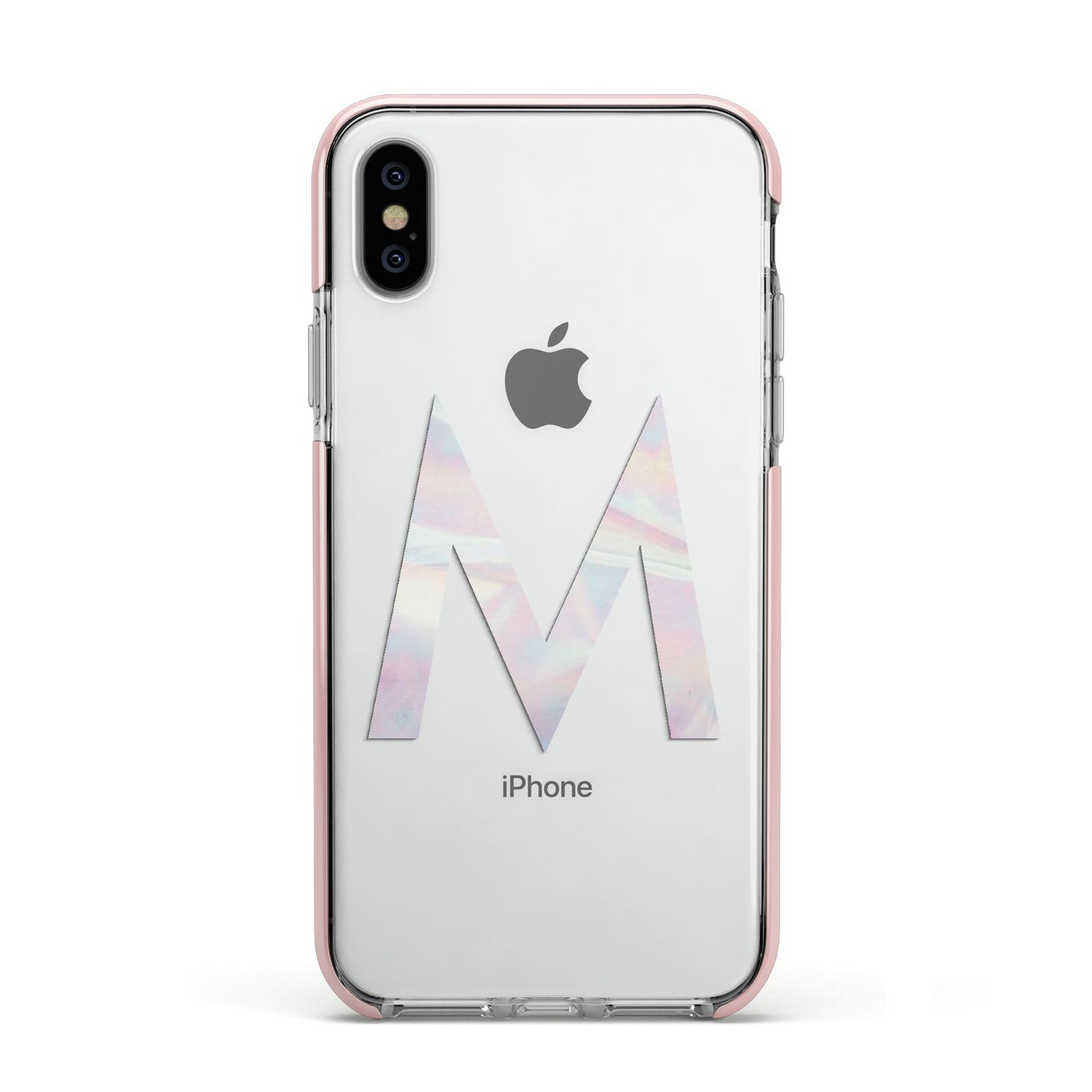 Personalised Pearl Marble Initial Clear Custom Apple iPhone Xs Impact Case Pink Edge on Silver Phone