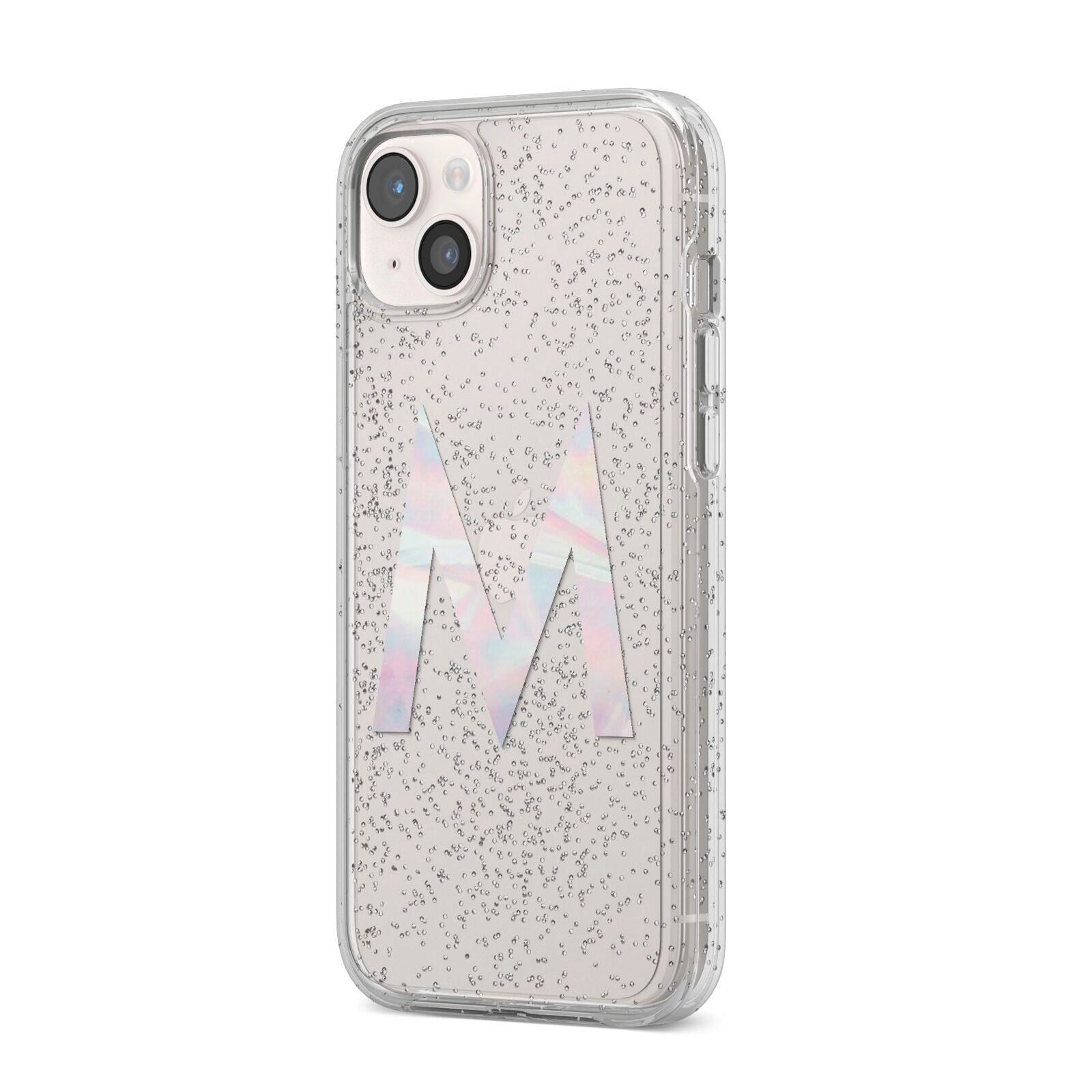 Personalised Pearl Marble Initial Clear Custom iPhone 14 Plus Glitter Tough Case Starlight Angled Image