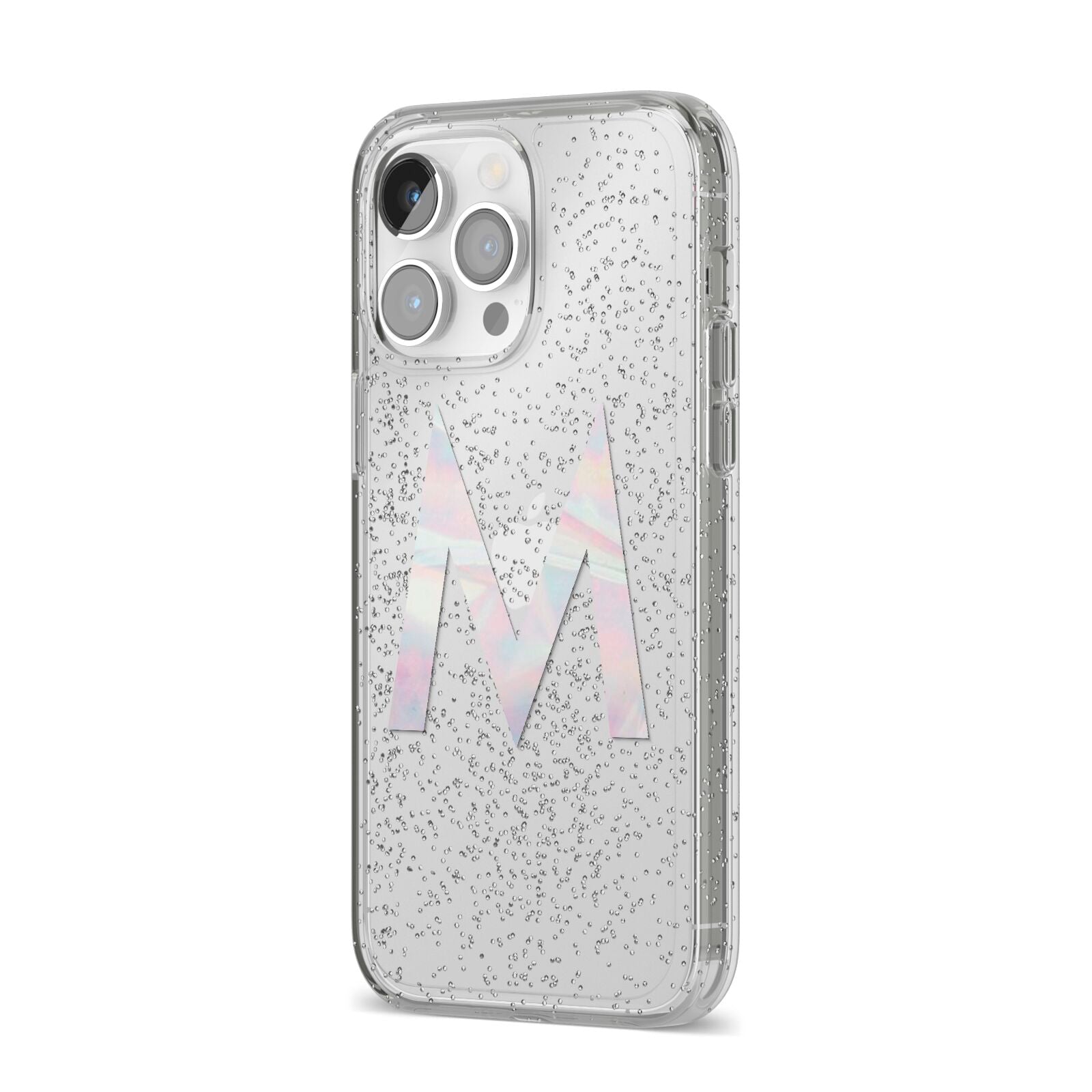 Personalised Pearl Marble Initial Clear Custom iPhone 14 Pro Max Glitter Tough Case Silver Angled Image