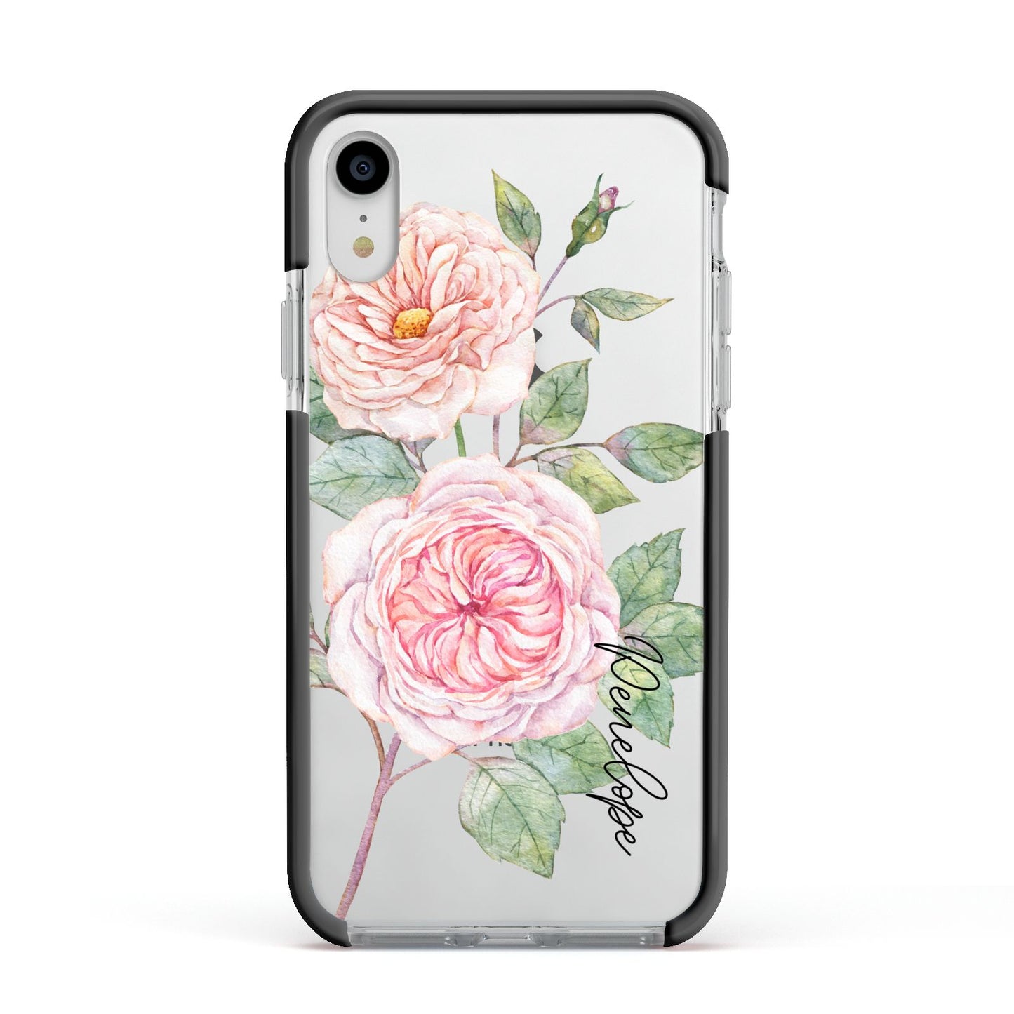 Personalised Peonies Apple iPhone XR Impact Case Black Edge on Silver Phone
