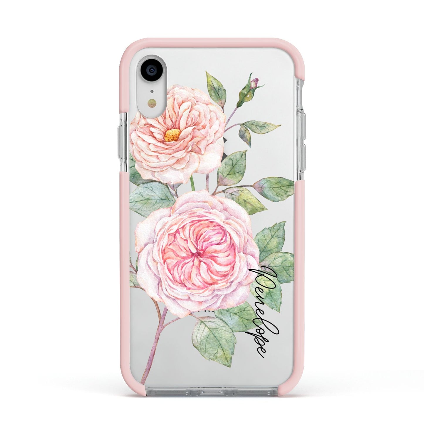 Personalised Peonies Apple iPhone XR Impact Case Pink Edge on Silver Phone