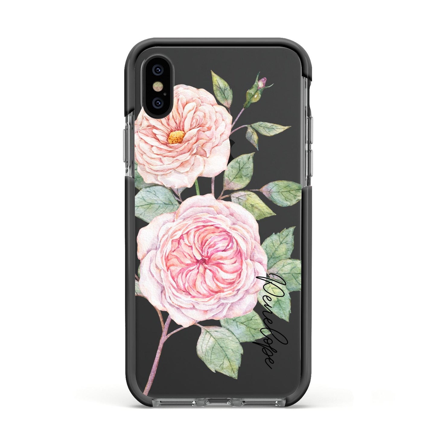 Personalised Peonies Apple iPhone Xs Impact Case Black Edge on Black Phone