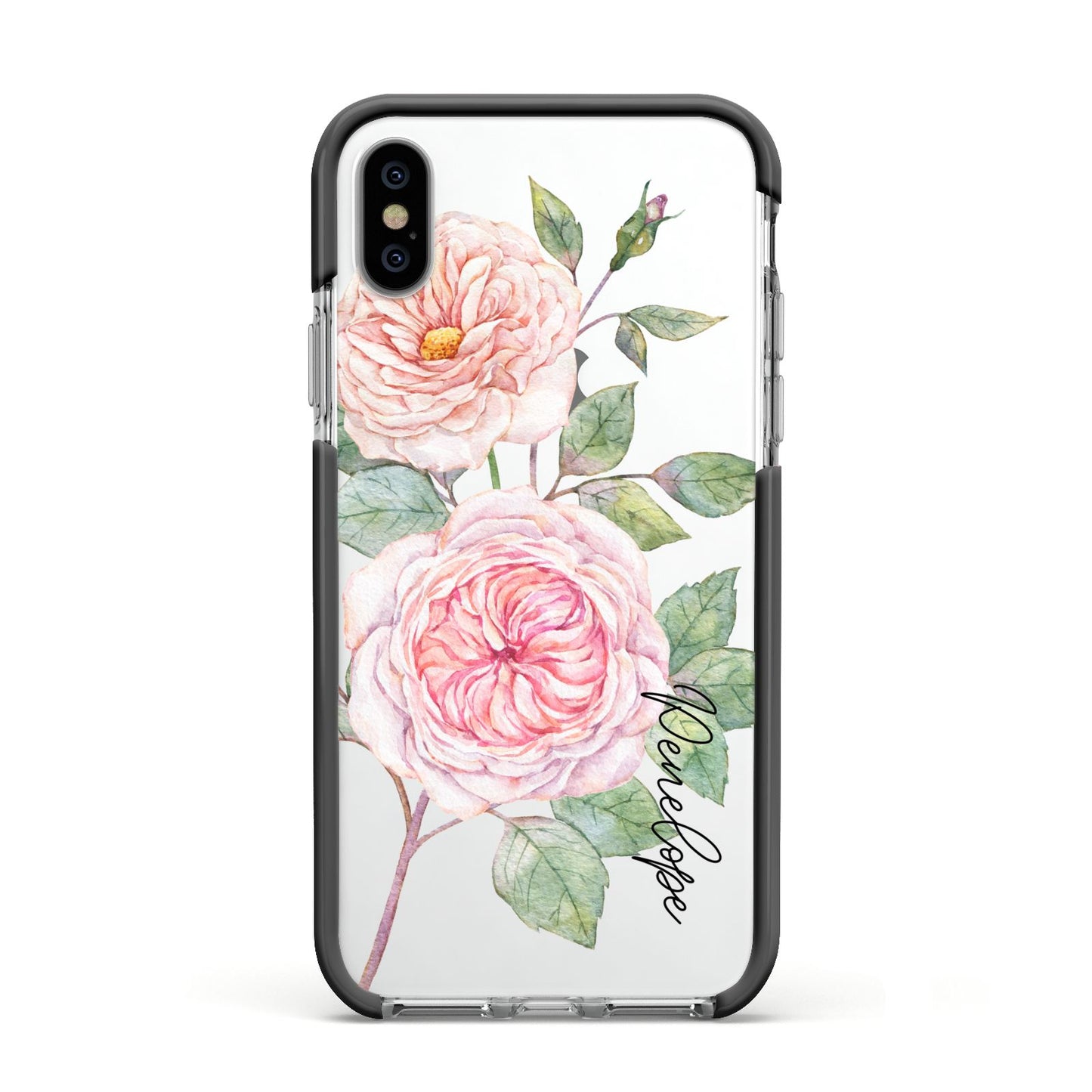 Personalised Peonies Apple iPhone Xs Impact Case Black Edge on Silver Phone