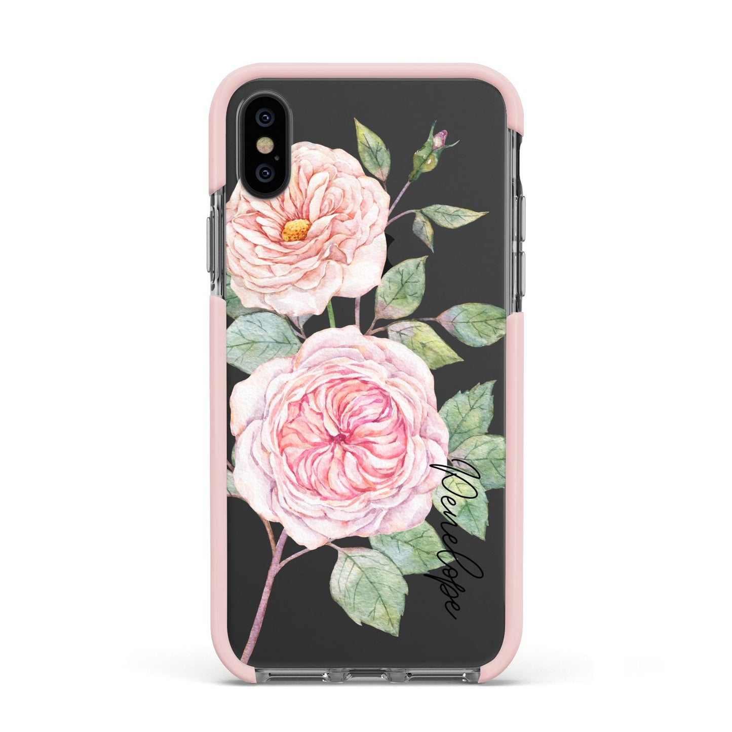 Personalised Peonies Apple iPhone Xs Impact Case Pink Edge on Black Phone