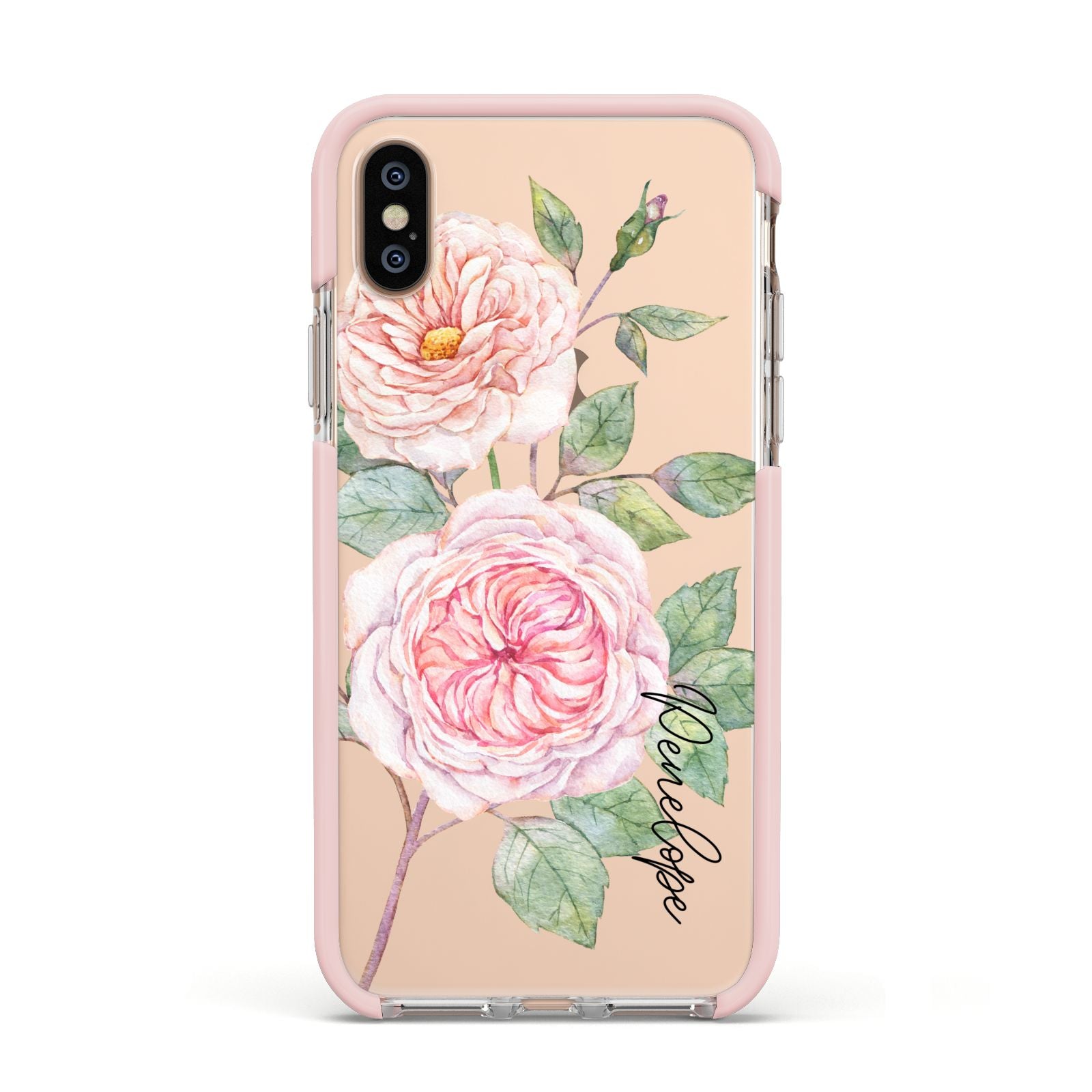 Personalised Peonies Apple iPhone Xs Impact Case Pink Edge on Gold Phone