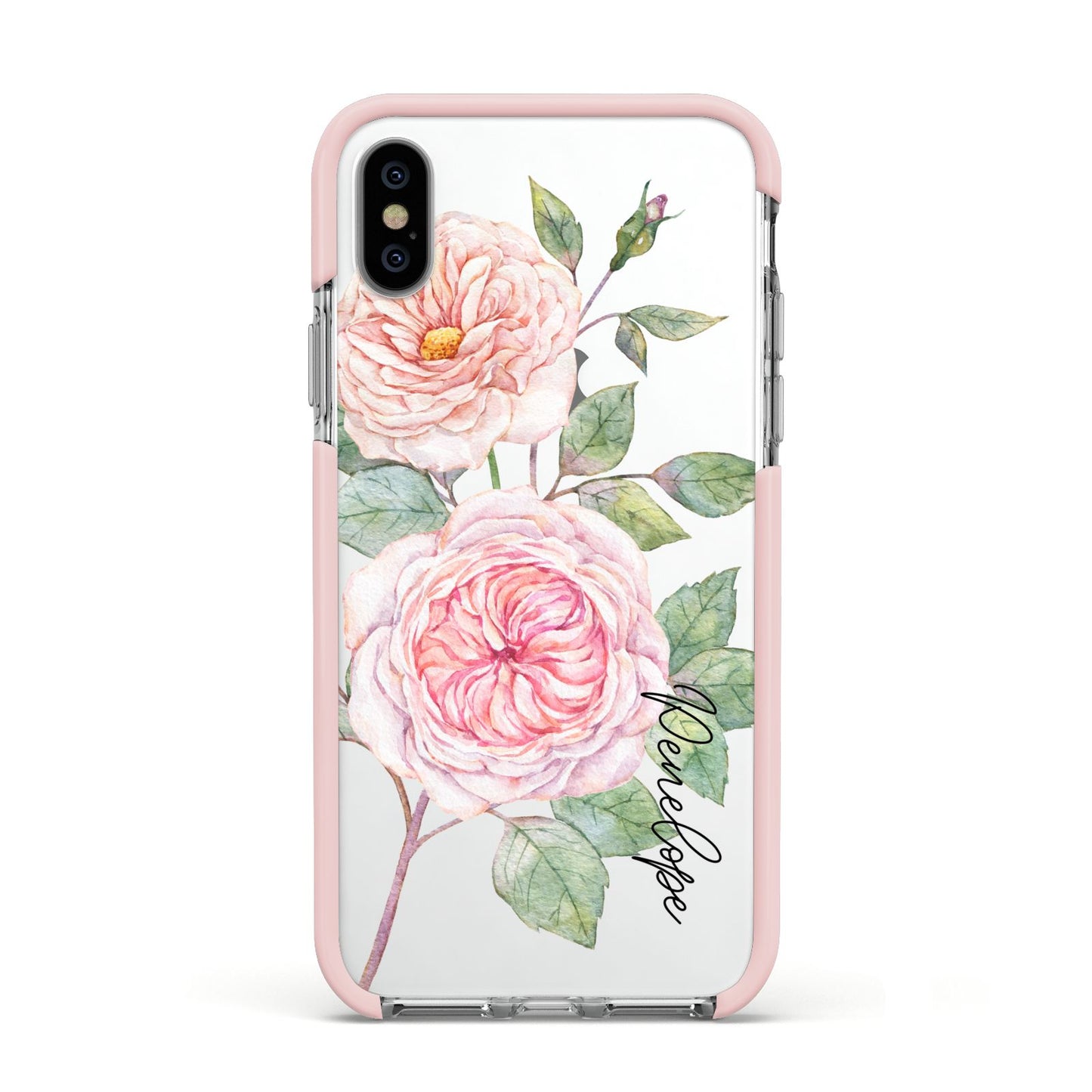 Personalised Peonies Apple iPhone Xs Impact Case Pink Edge on Silver Phone