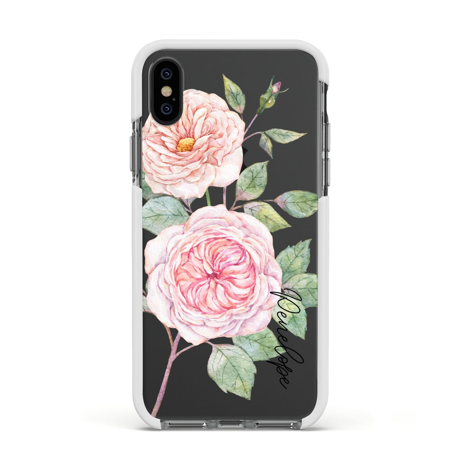 Personalised Peonies Apple iPhone Xs Impact Case White Edge on Black Phone