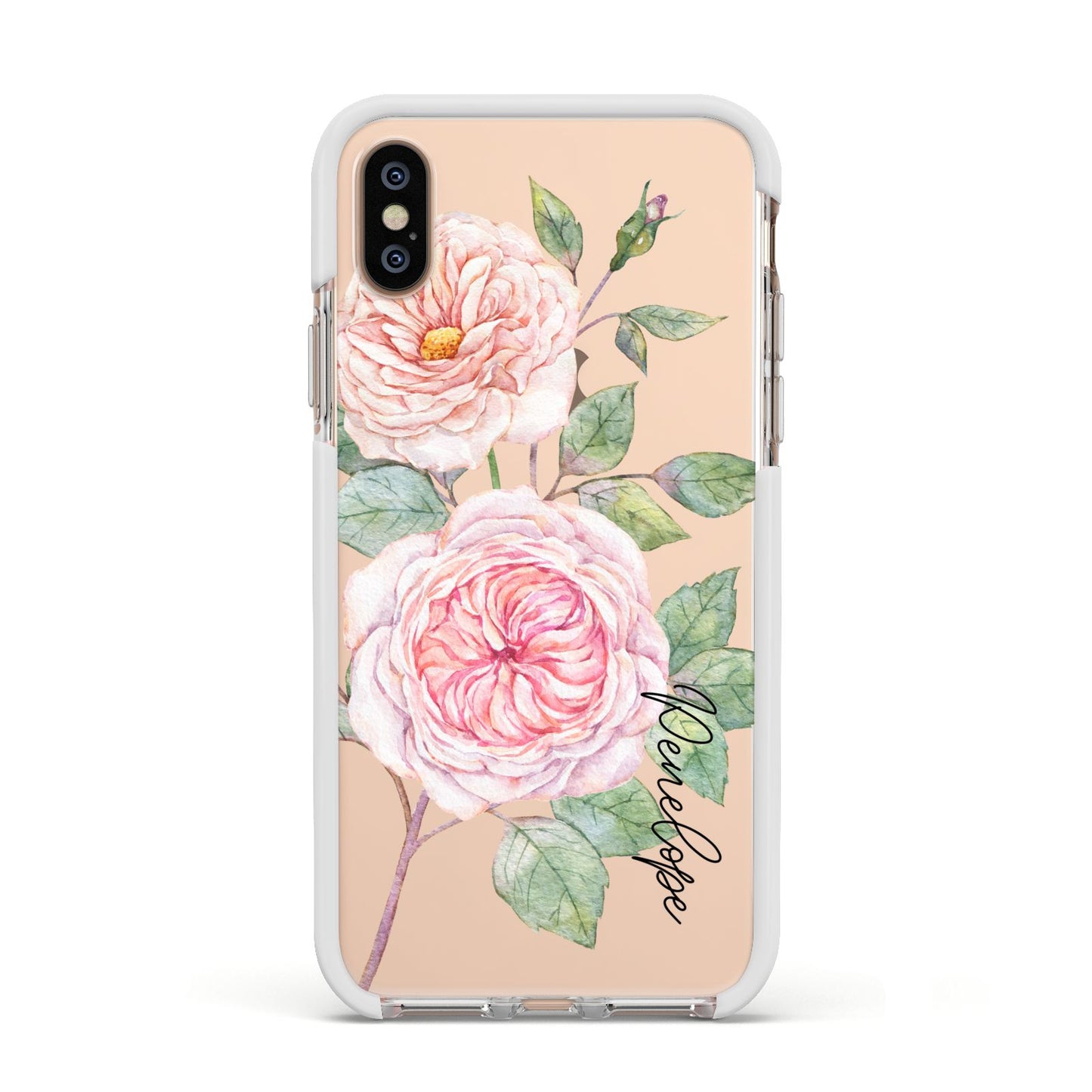 Personalised Peonies Apple iPhone Xs Impact Case White Edge on Gold Phone