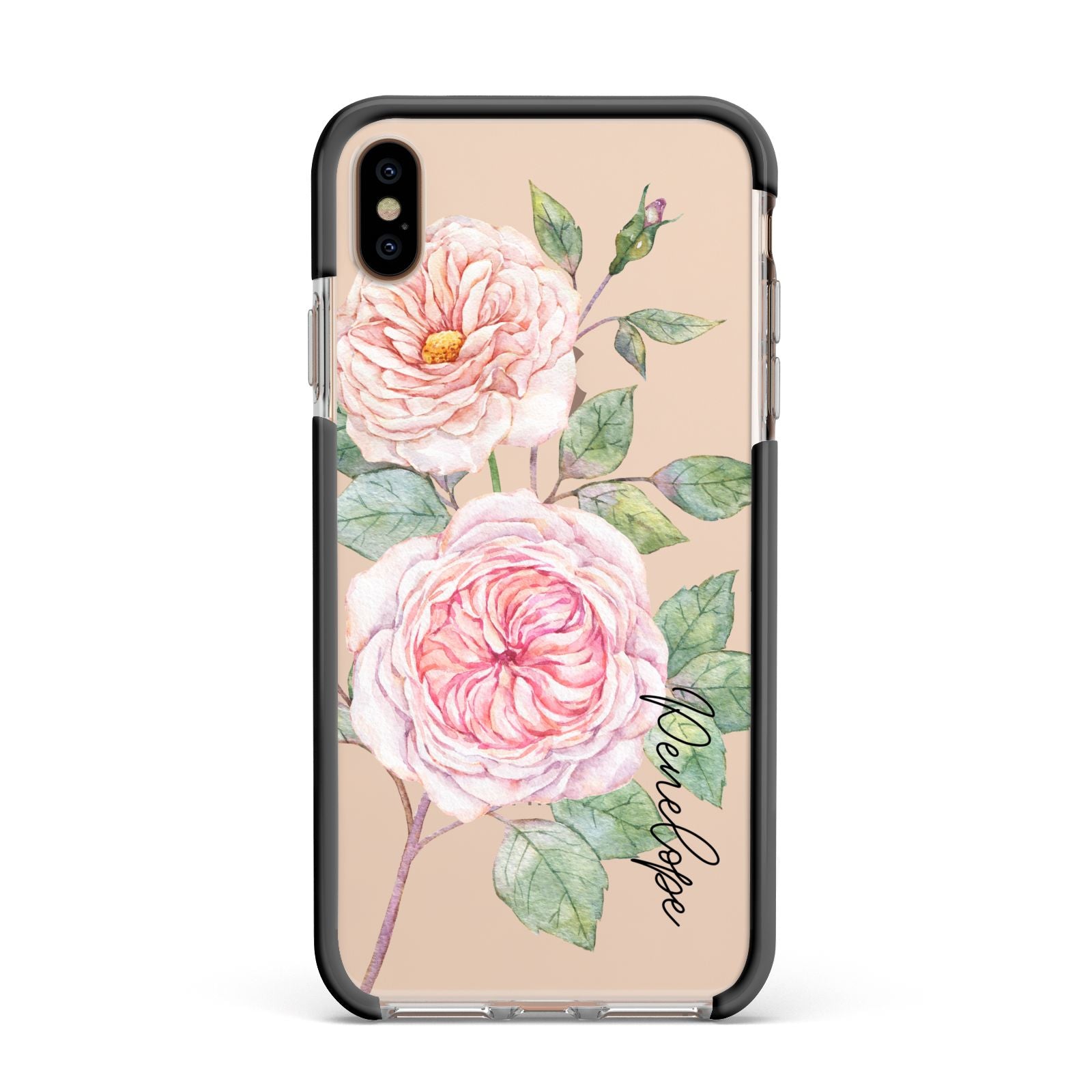 Personalised Peonies Apple iPhone Xs Max Impact Case Black Edge on Gold Phone