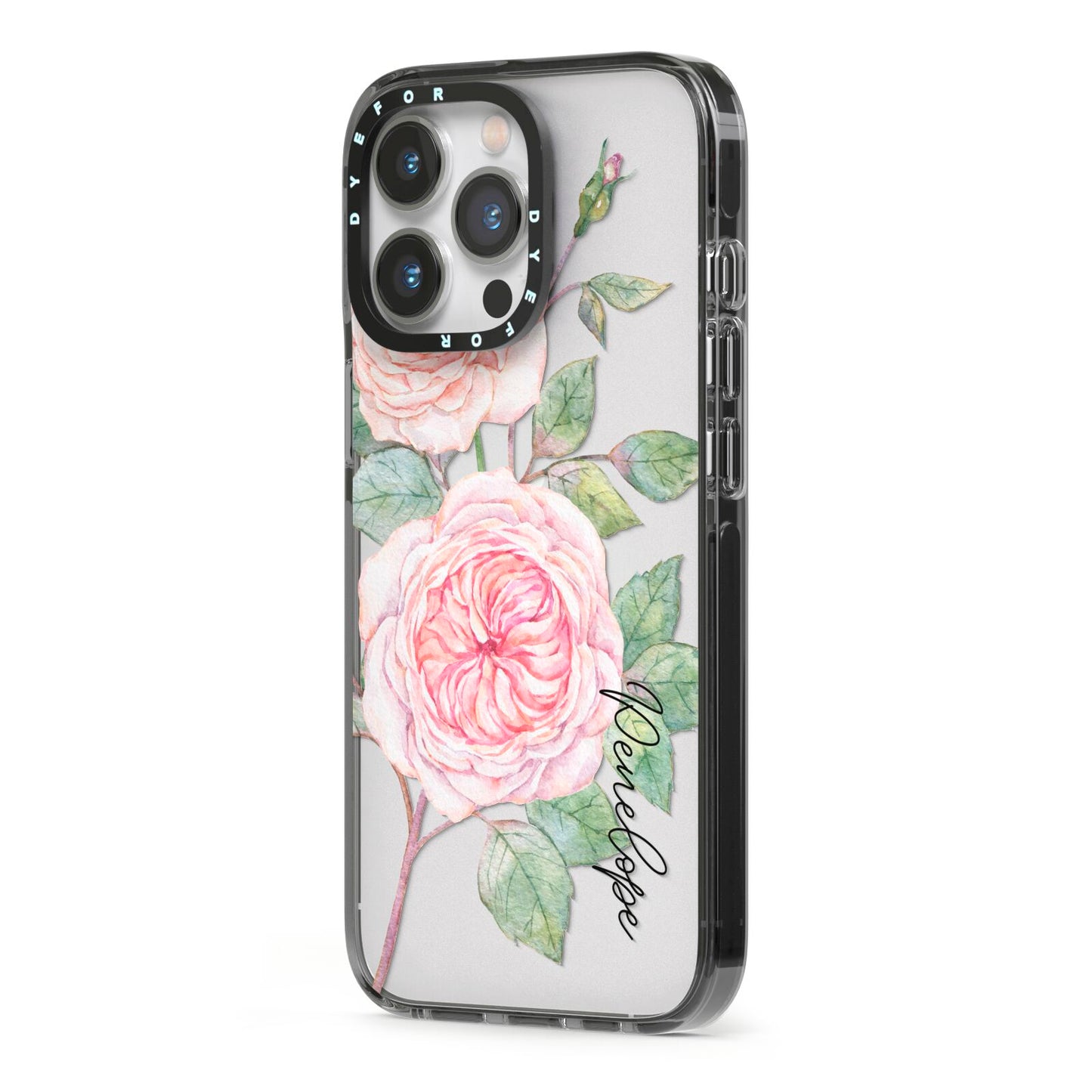 Personalised Peonies iPhone 13 Pro Black Impact Case Side Angle on Silver phone