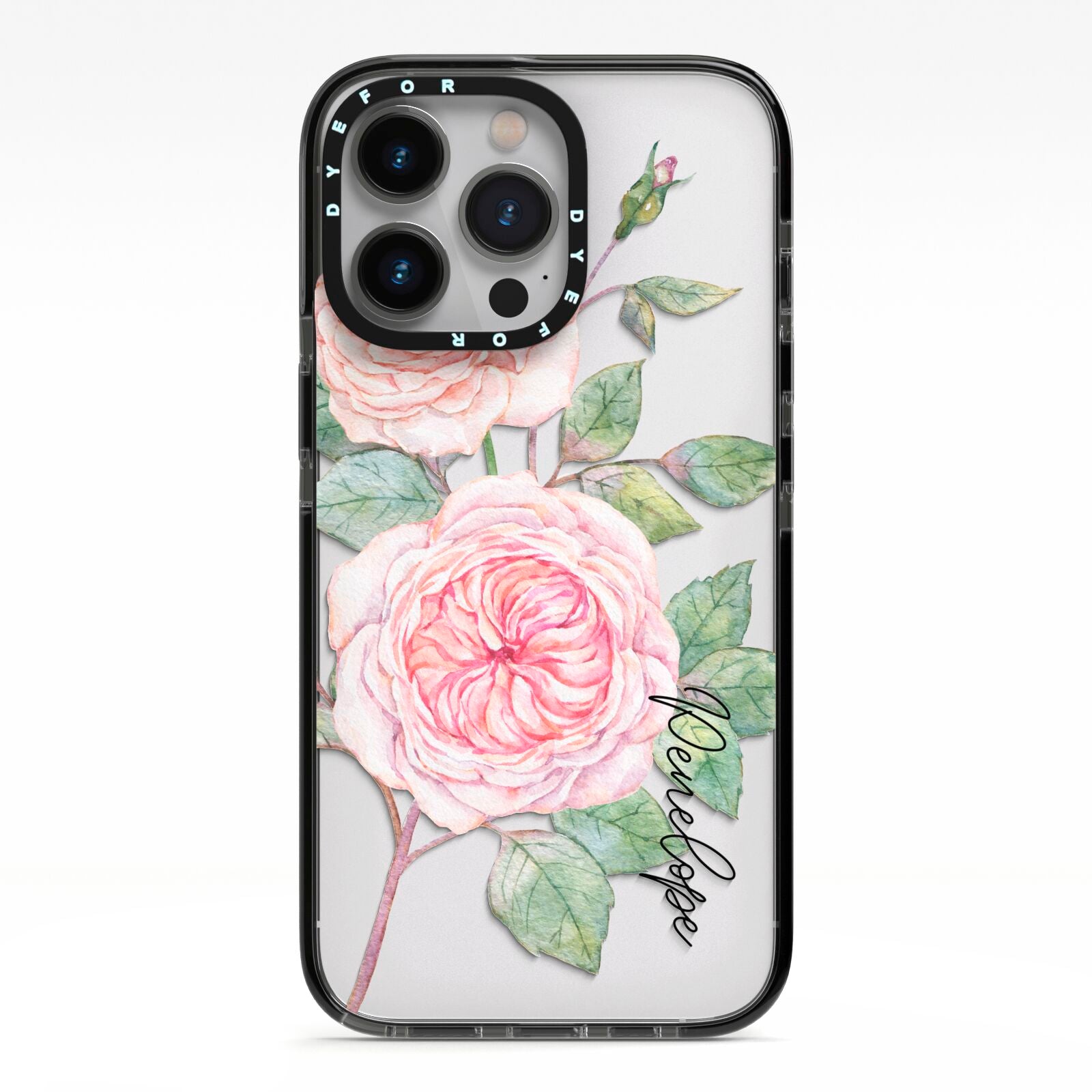 Personalised Peonies iPhone 13 Pro Black Impact Case on Silver phone