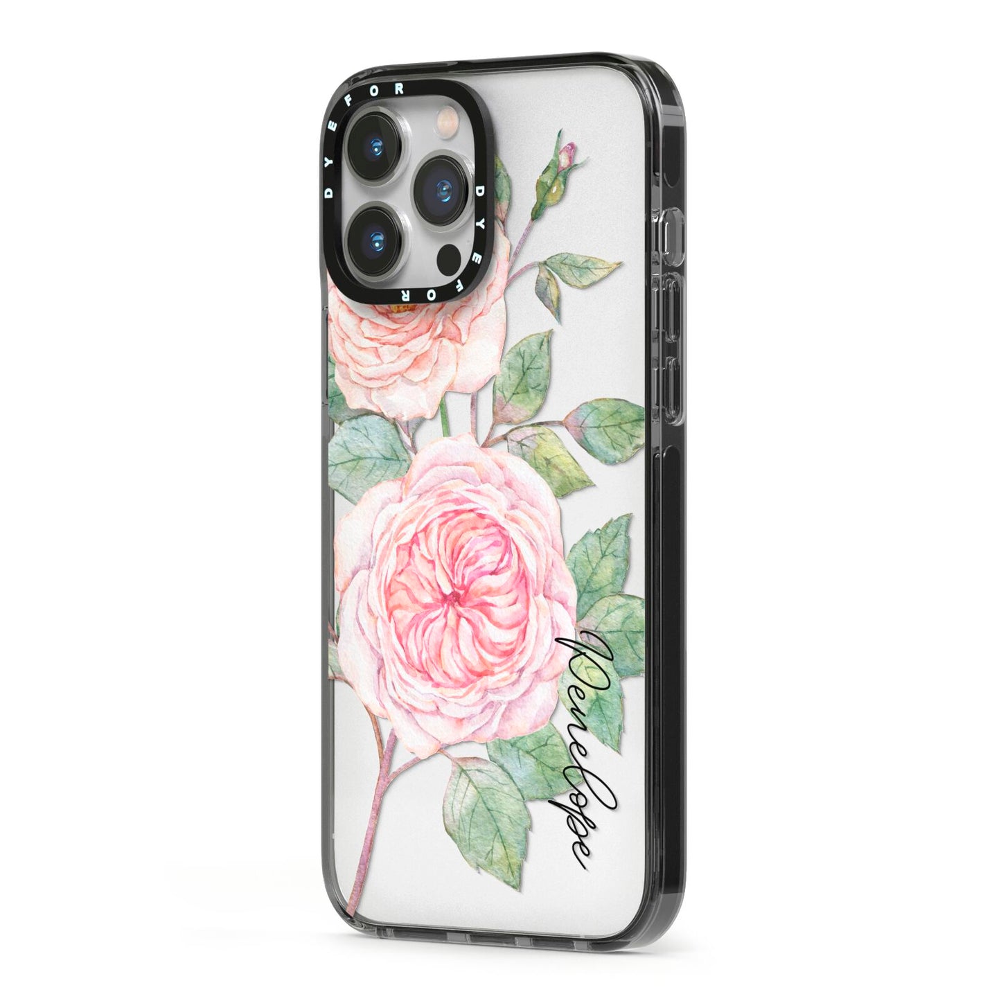Personalised Peonies iPhone 13 Pro Max Black Impact Case Side Angle on Silver phone