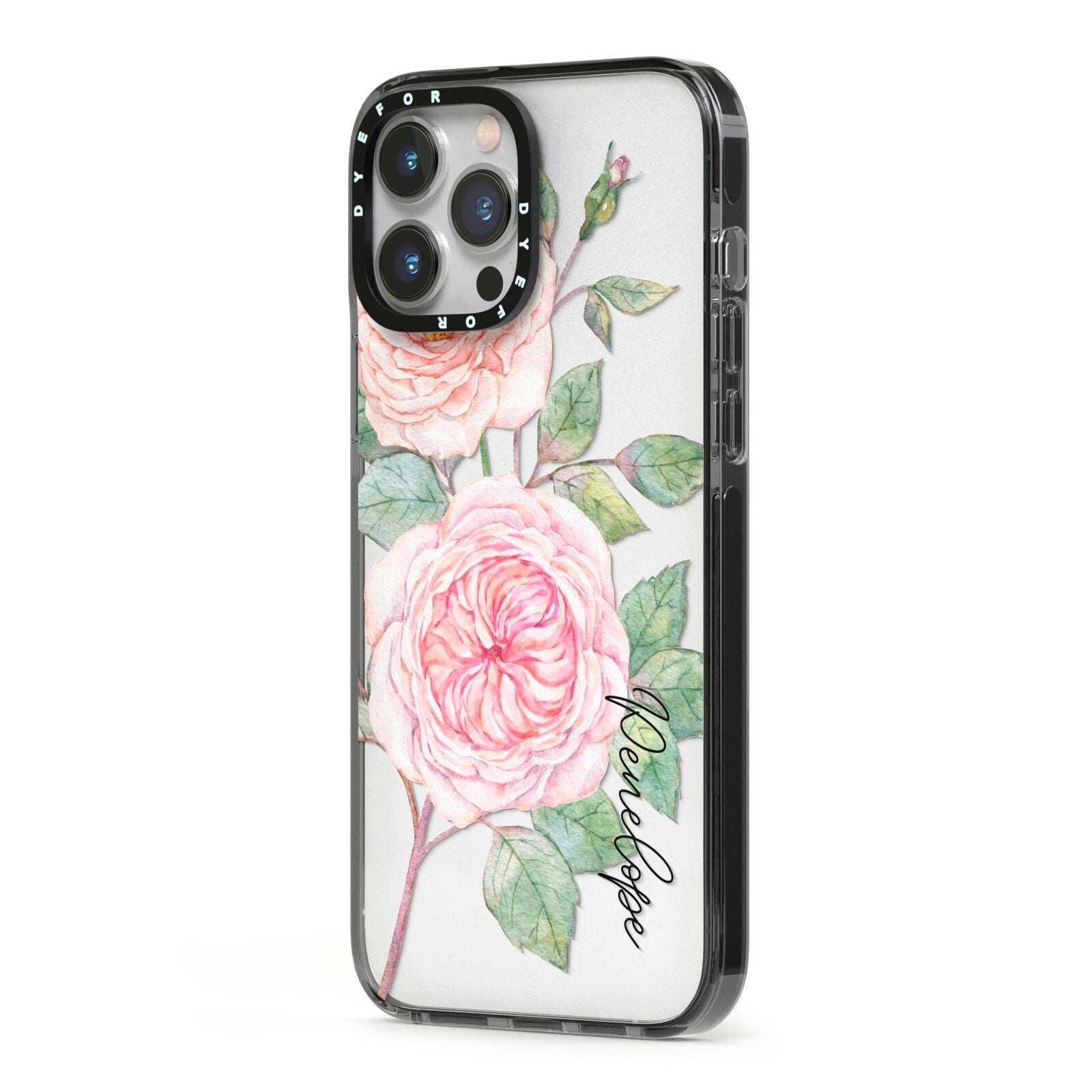 Personalised Peonies iPhone 13 Pro Max Black Impact Case Side Angle on Silver phone