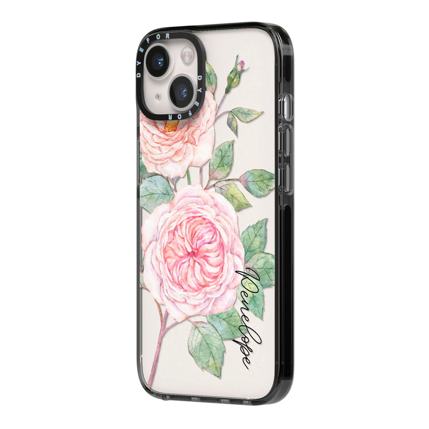 Personalised Peonies iPhone 14 Black Impact Case Side Angle on Silver phone