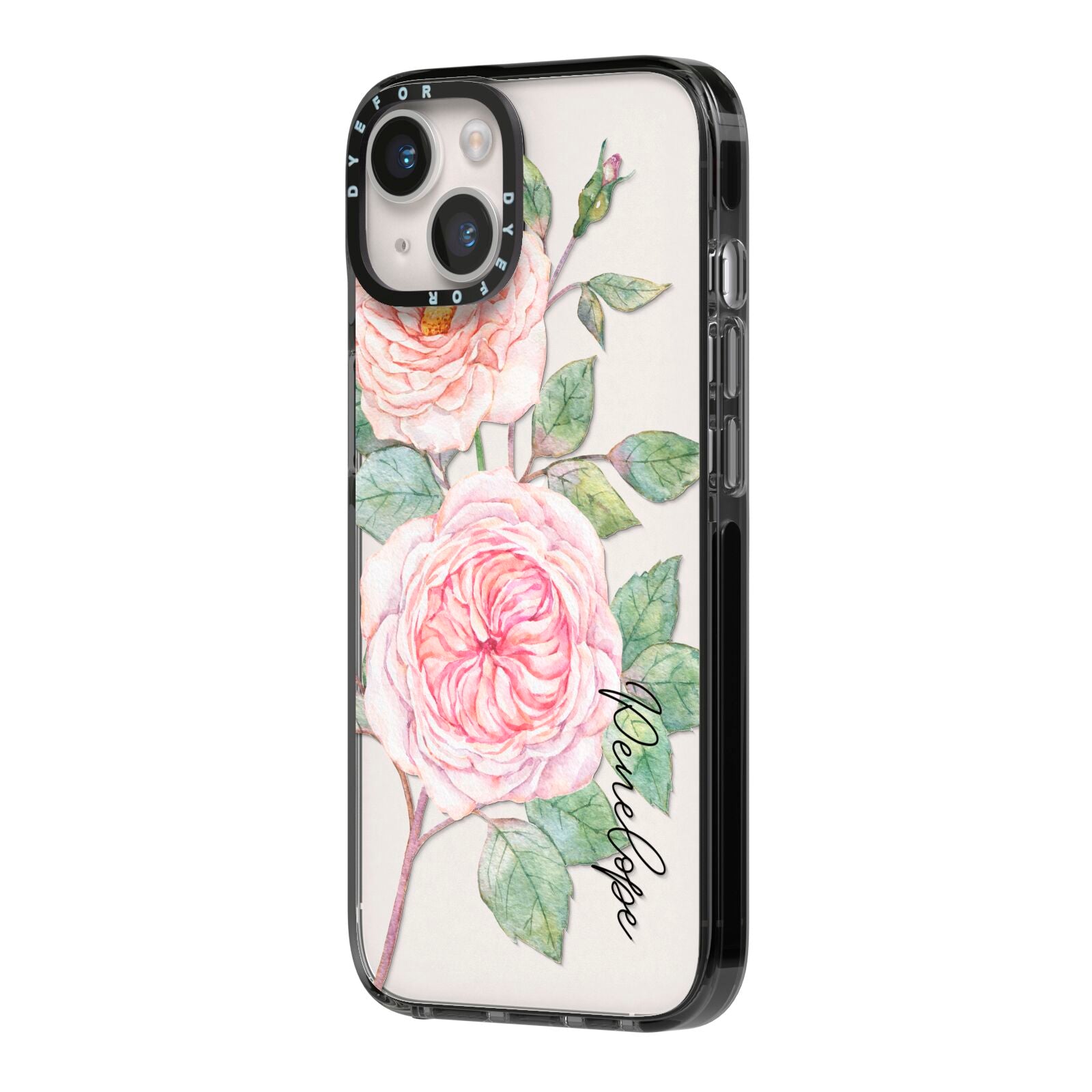 Personalised Peonies iPhone 14 Black Impact Case Side Angle on Silver phone