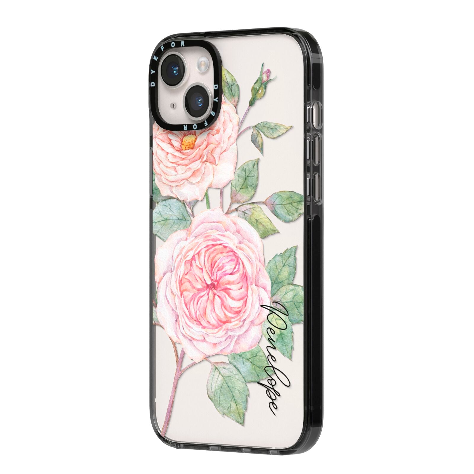 Personalised Peonies iPhone 14 Plus Black Impact Case Side Angle on Silver phone