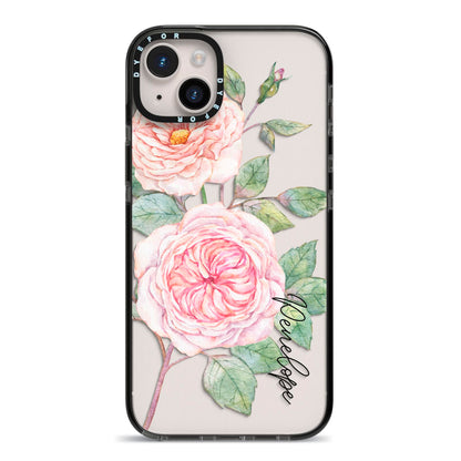 Personalised Peonies iPhone 14 Plus Black Impact Case on Silver phone