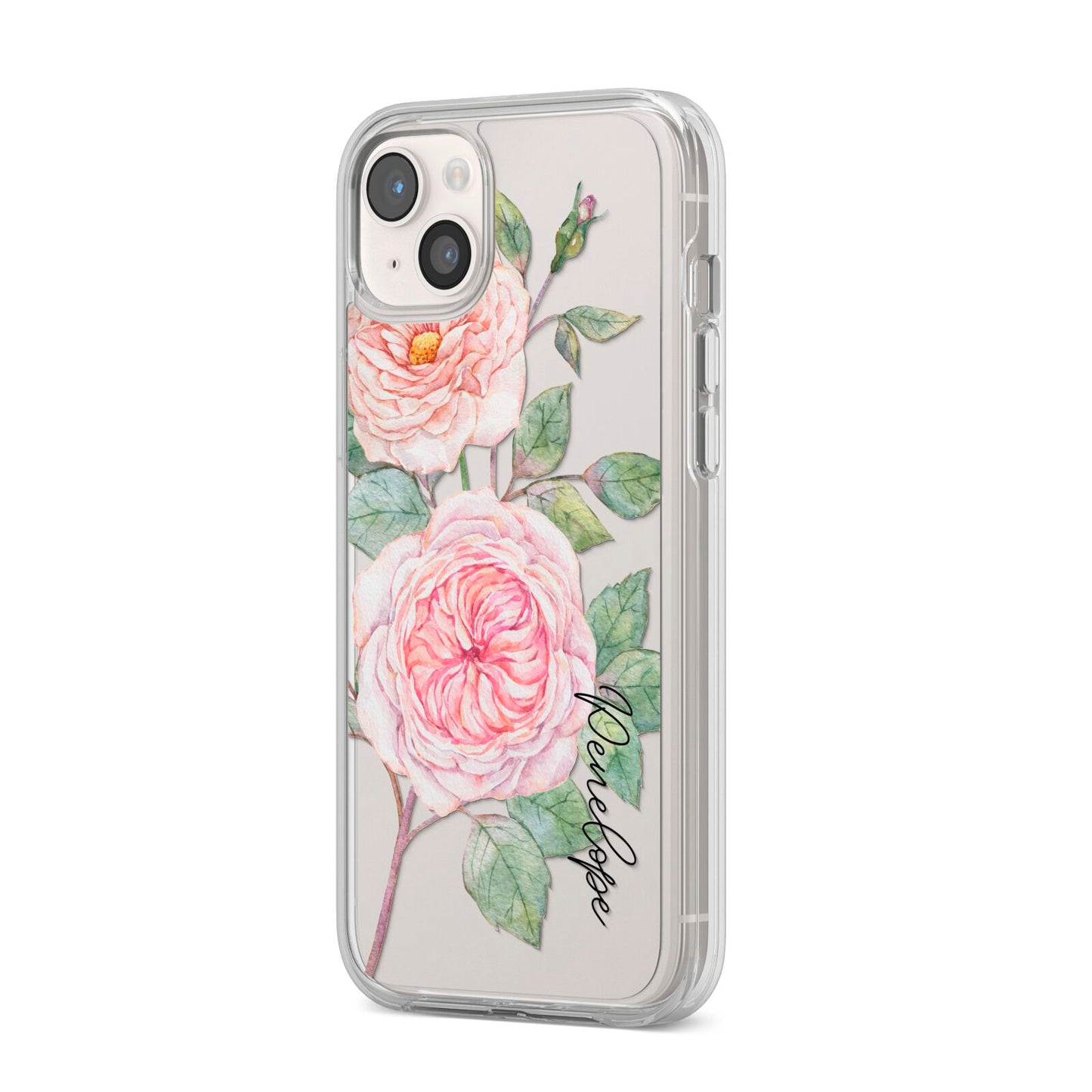 Personalised Peonies iPhone 14 Plus Clear Tough Case Starlight Angled Image