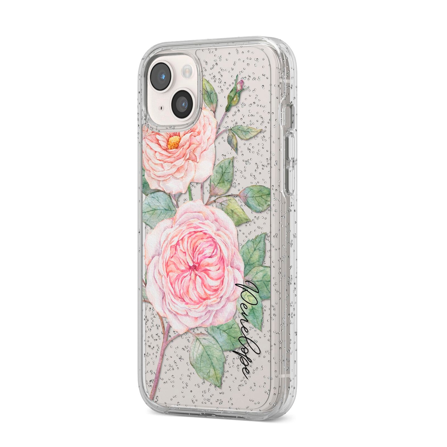 Personalised Peonies iPhone 14 Plus Glitter Tough Case Starlight Angled Image