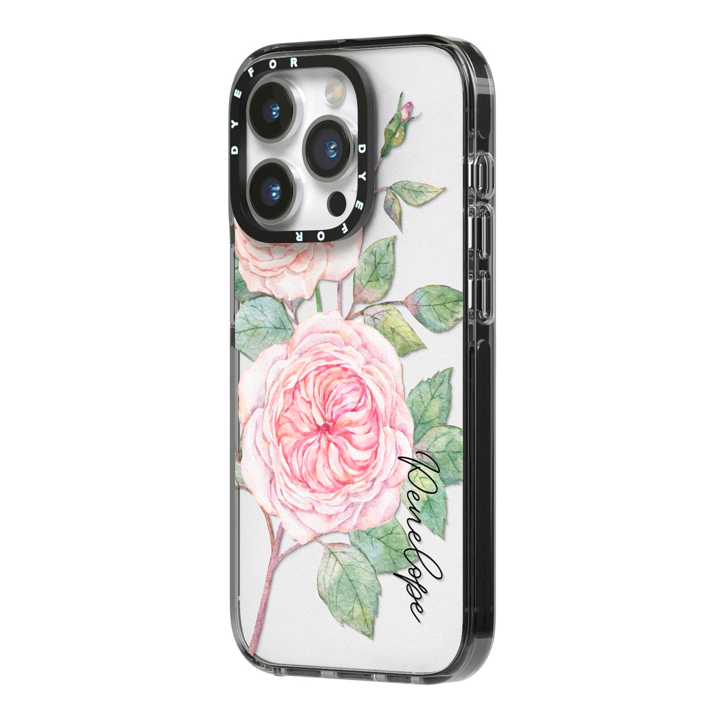 Personalised Peonies iPhone 14 Pro Black Impact Case Side Angle on Silver phone