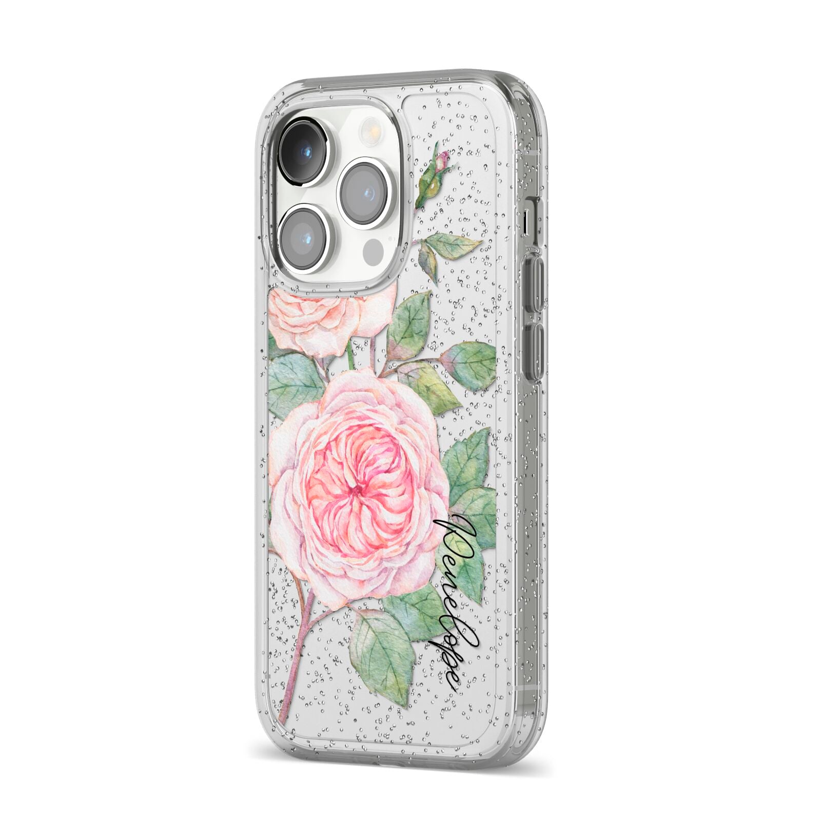 Personalised Peonies iPhone 14 Pro Glitter Tough Case Silver Angled Image