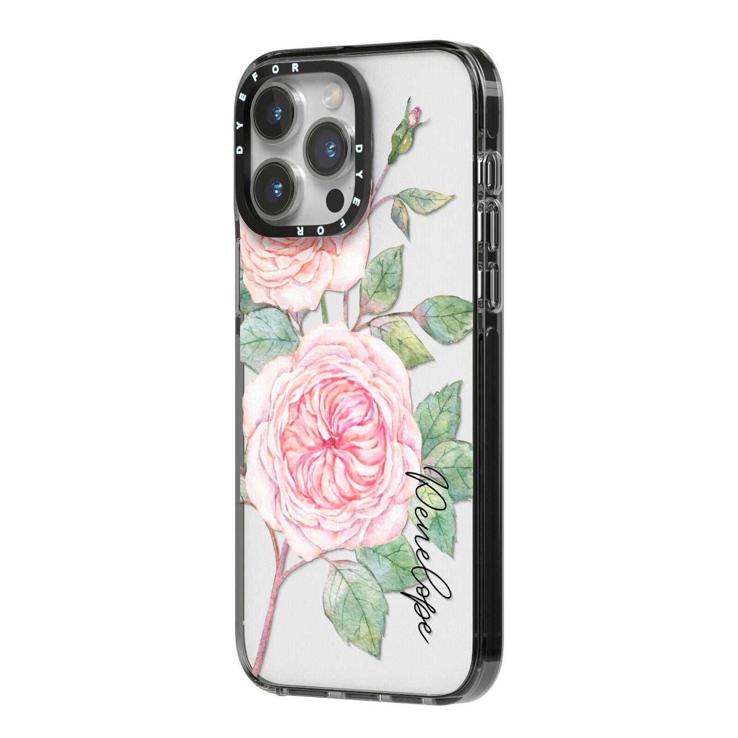 Personalised Peonies iPhone 14 Pro Max Black Impact Case Side Angle on Silver phone