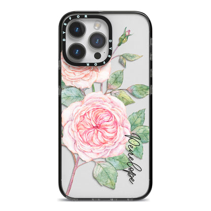 Personalised Peonies iPhone 14 Pro Max Black Impact Case on Silver phone