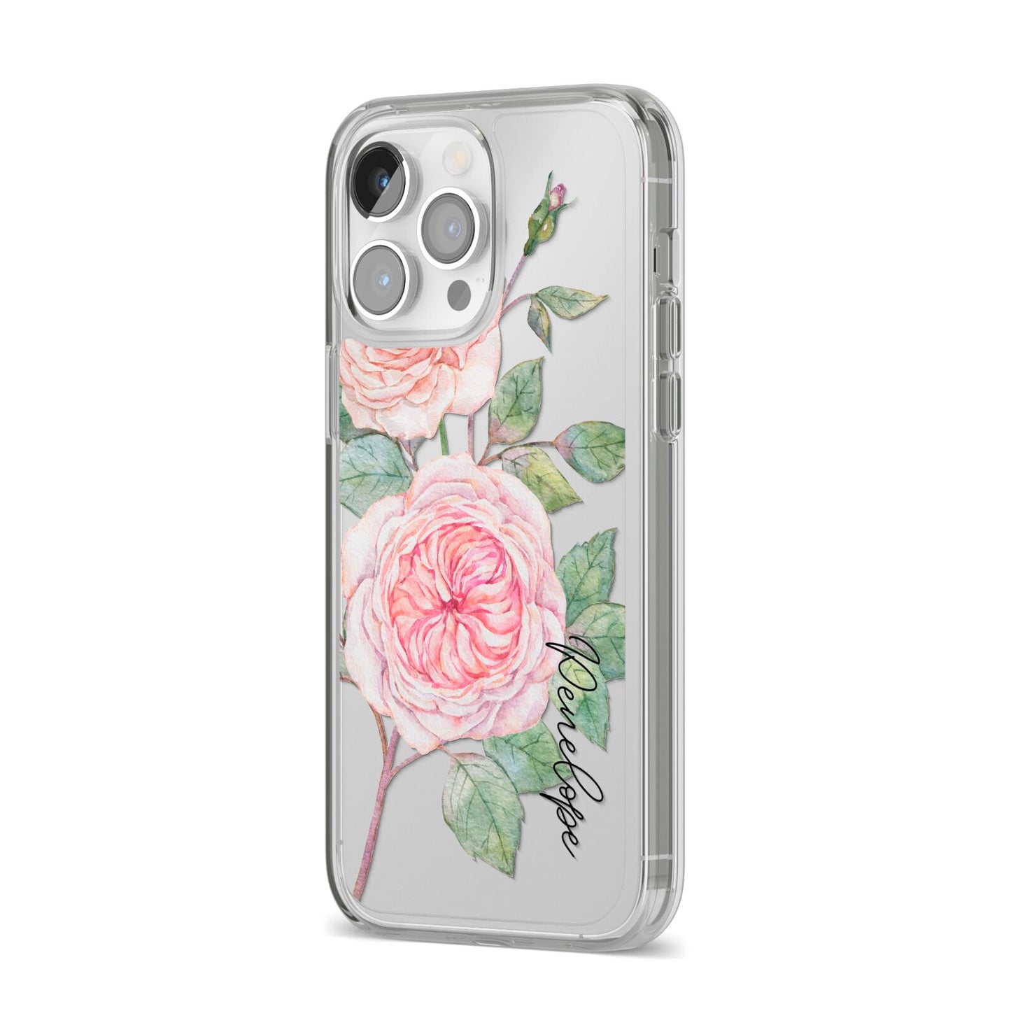 Personalised Peonies iPhone 14 Pro Max Clear Tough Case Silver Angled Image