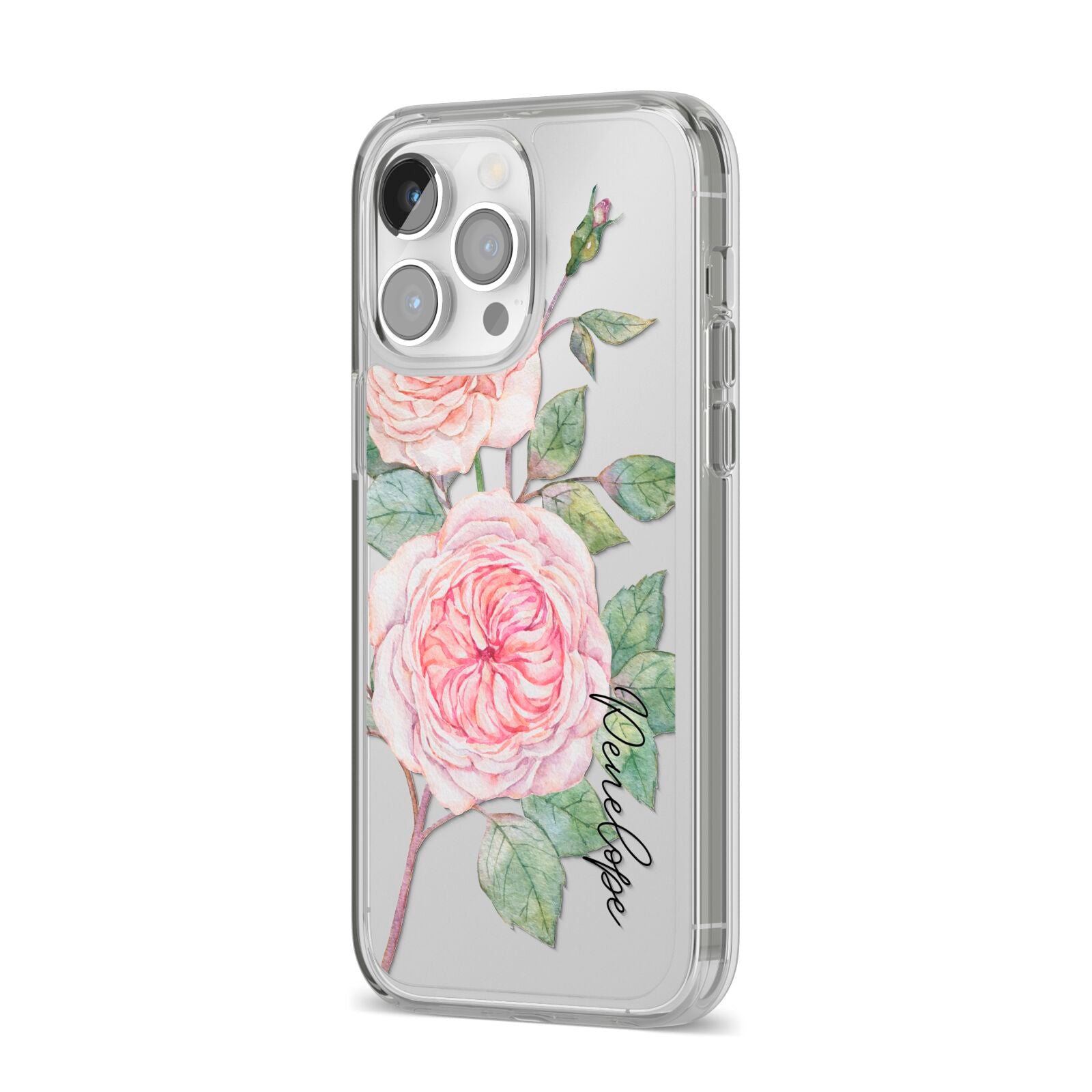 Personalised Peonies iPhone 14 Pro Max Clear Tough Case Silver Angled Image