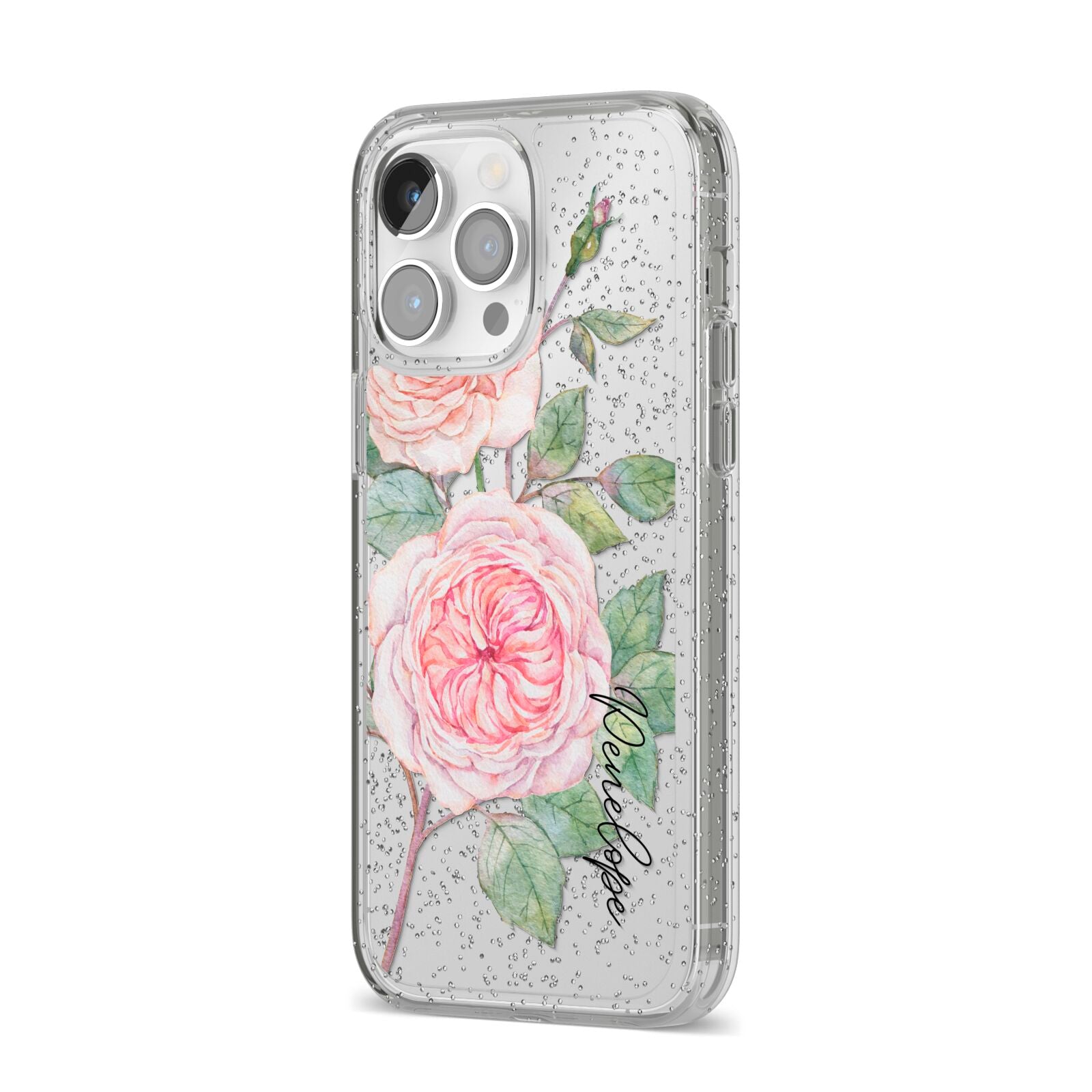 Personalised Peonies iPhone 14 Pro Max Glitter Tough Case Silver Angled Image