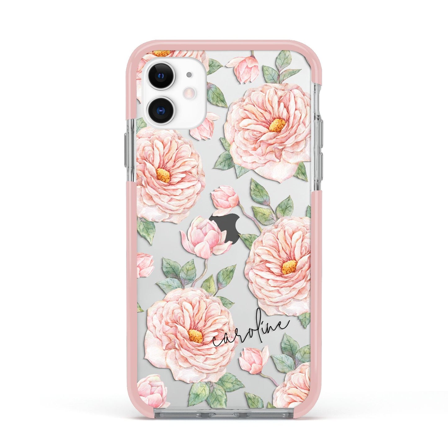 Personalised Peony Apple iPhone 11 in White with Pink Impact Case