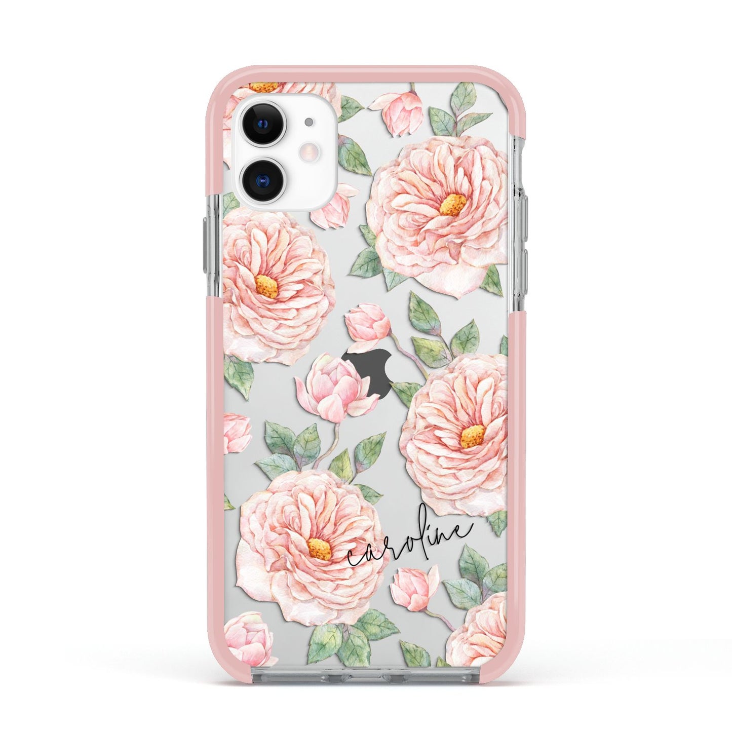Personalised Peony Apple iPhone 11 in White with Pink Impact Case