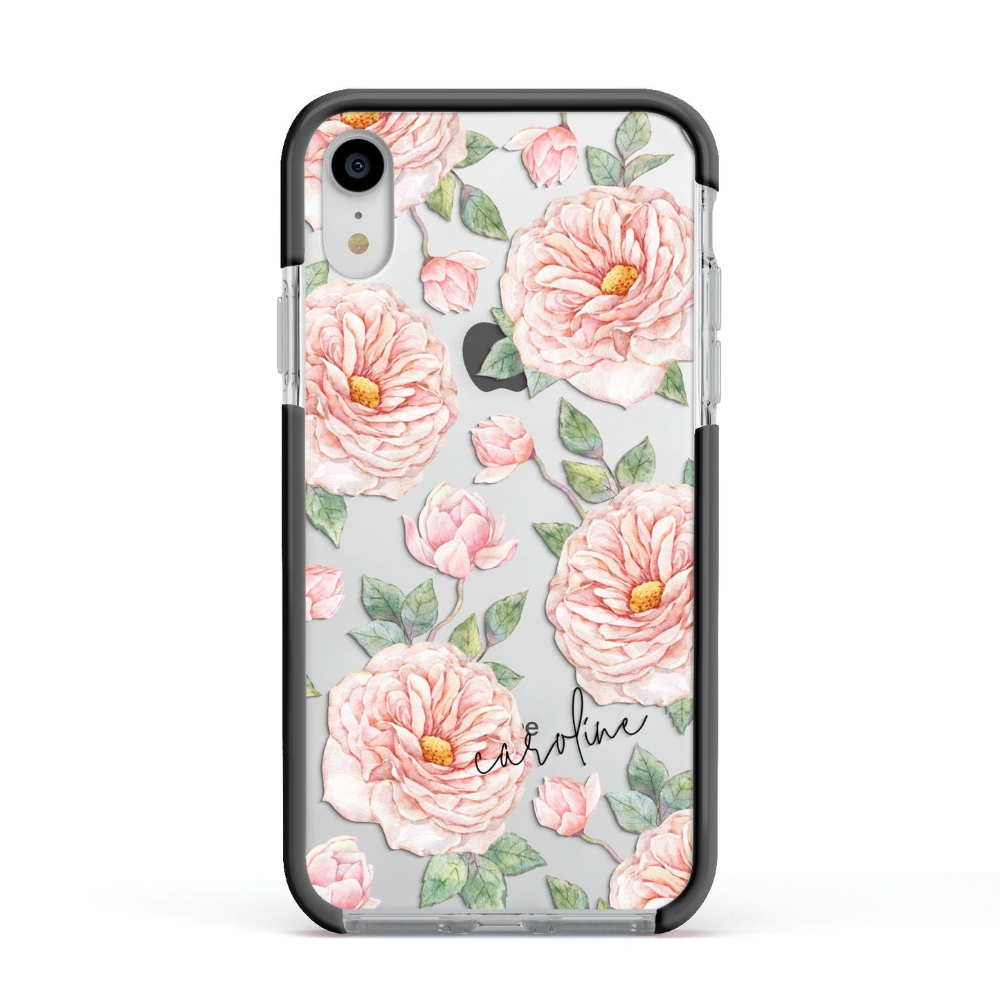 Personalised Peony Apple iPhone XR Impact Case Black Edge on Silver Phone