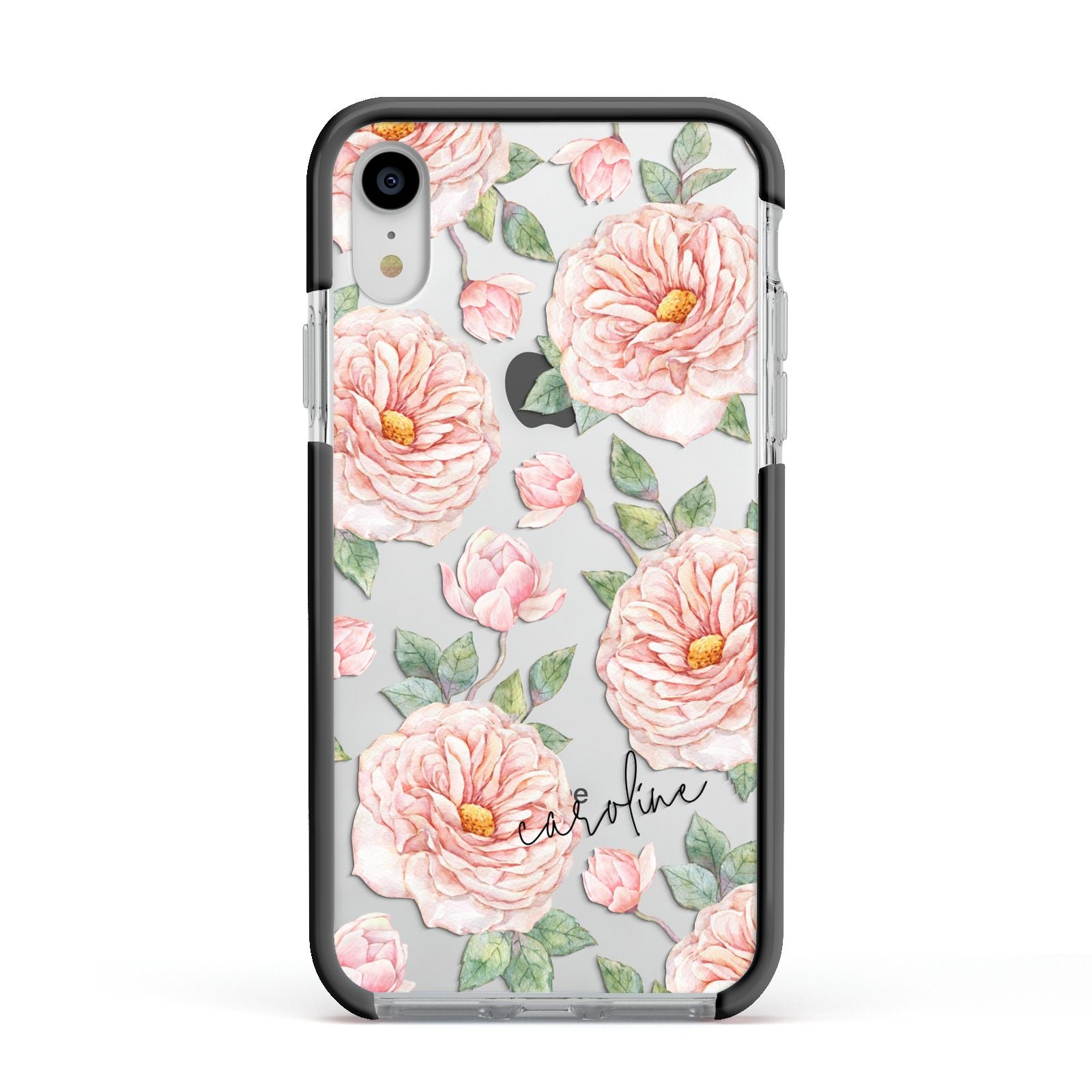 Personalised Peony Apple iPhone XR Impact Case Black Edge on Silver Phone