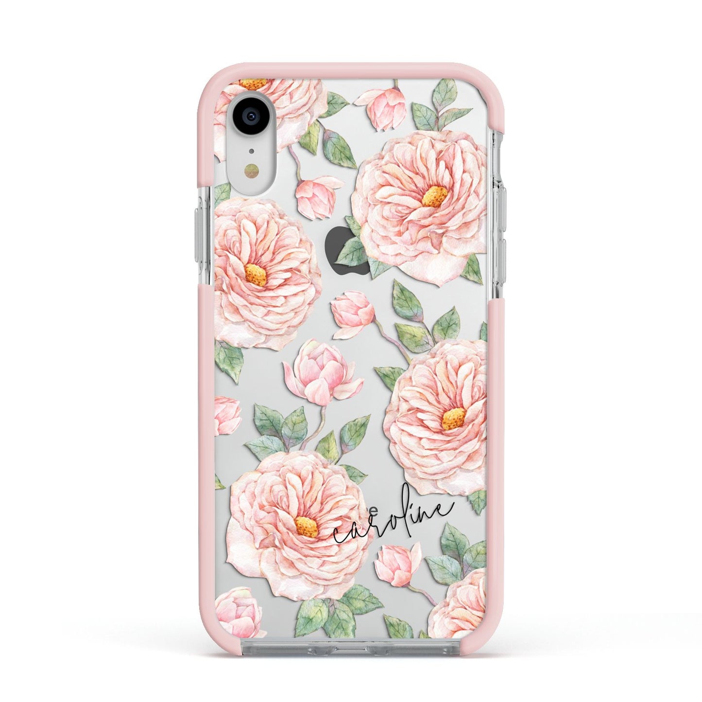 Personalised Peony Apple iPhone XR Impact Case Pink Edge on Silver Phone