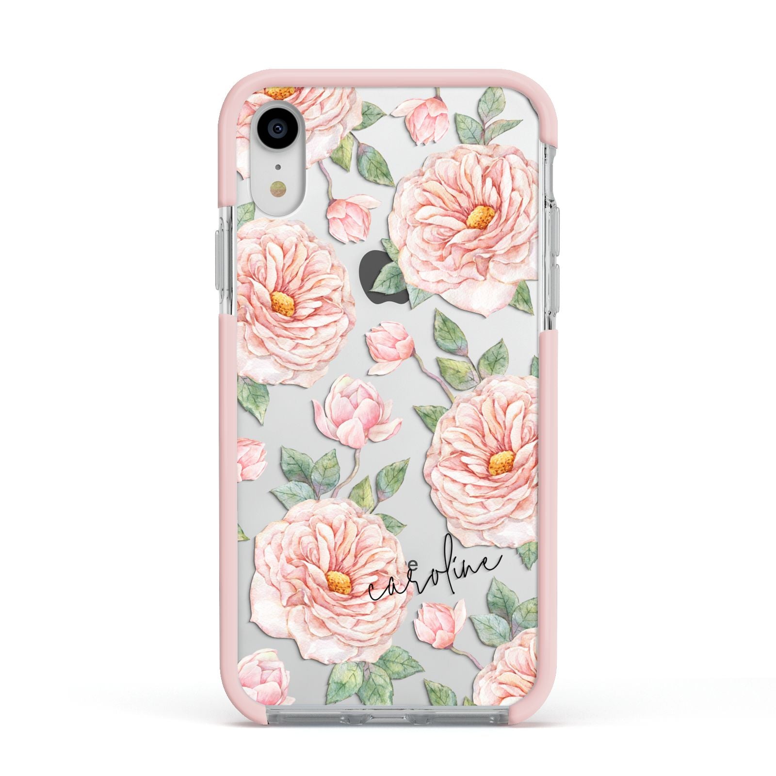 Personalised Peony Apple iPhone XR Impact Case Pink Edge on Silver Phone