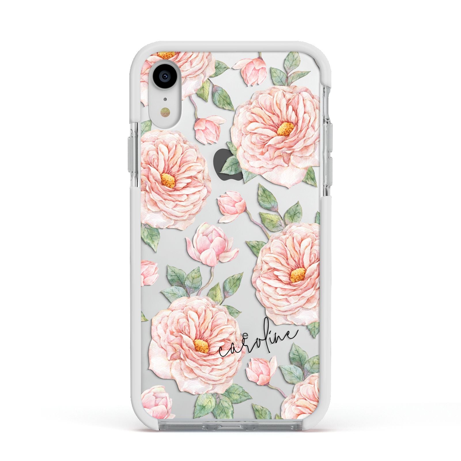 Personalised Peony Apple iPhone XR Impact Case White Edge on Silver Phone