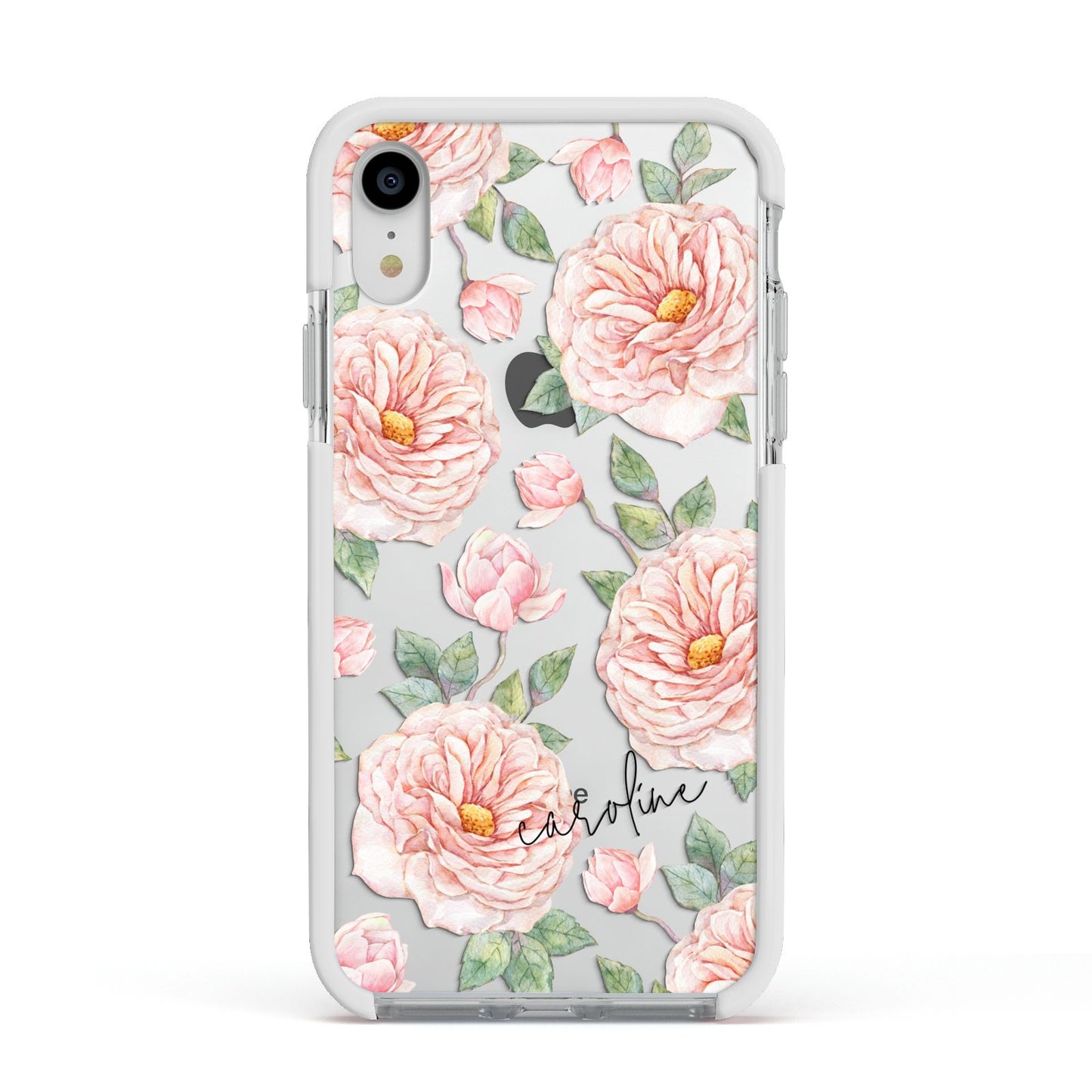 Personalised Peony Apple iPhone XR Impact Case White Edge on Silver Phone