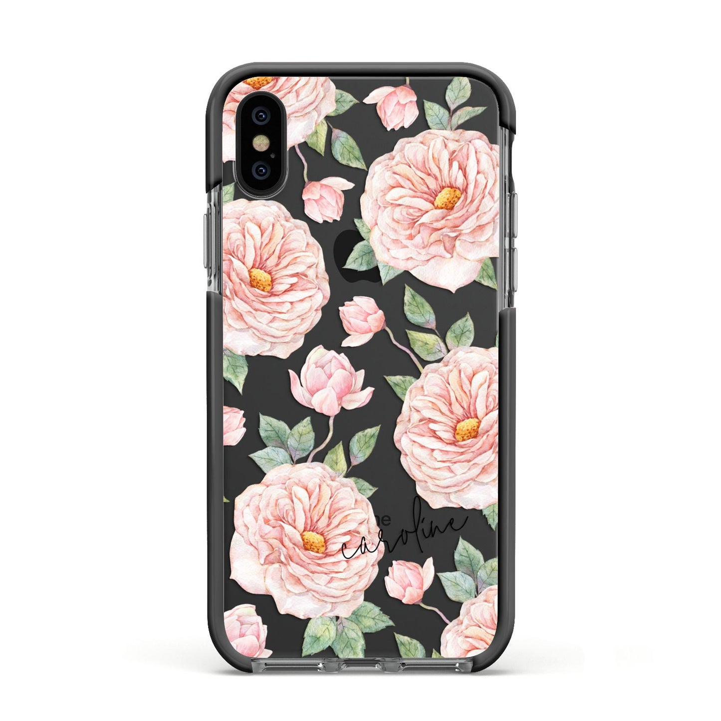 Personalised Peony Apple iPhone Xs Impact Case Black Edge on Black Phone