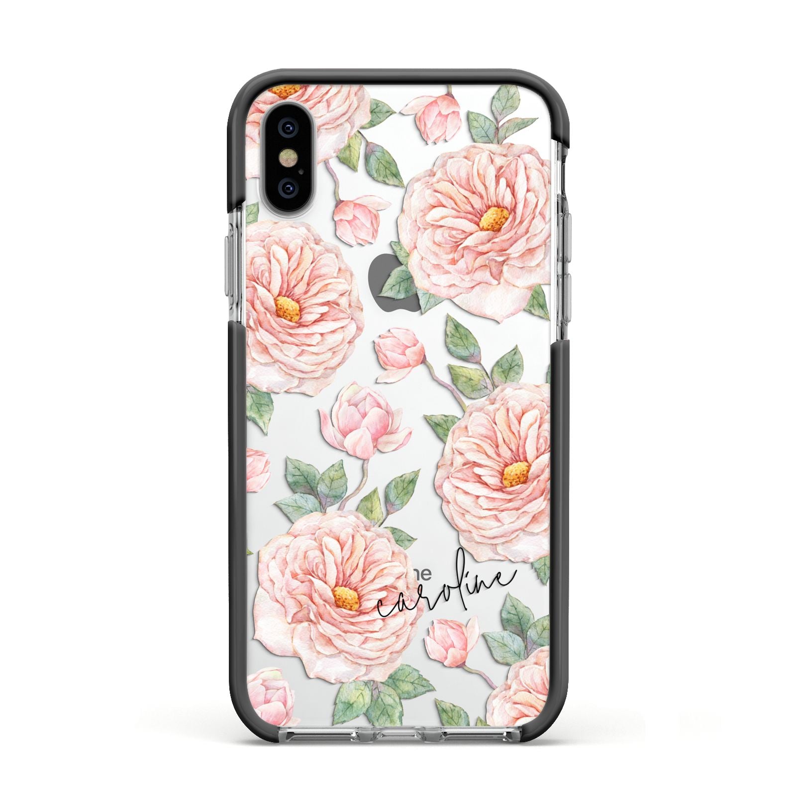 Personalised Peony Apple iPhone Xs Impact Case Black Edge on Silver Phone
