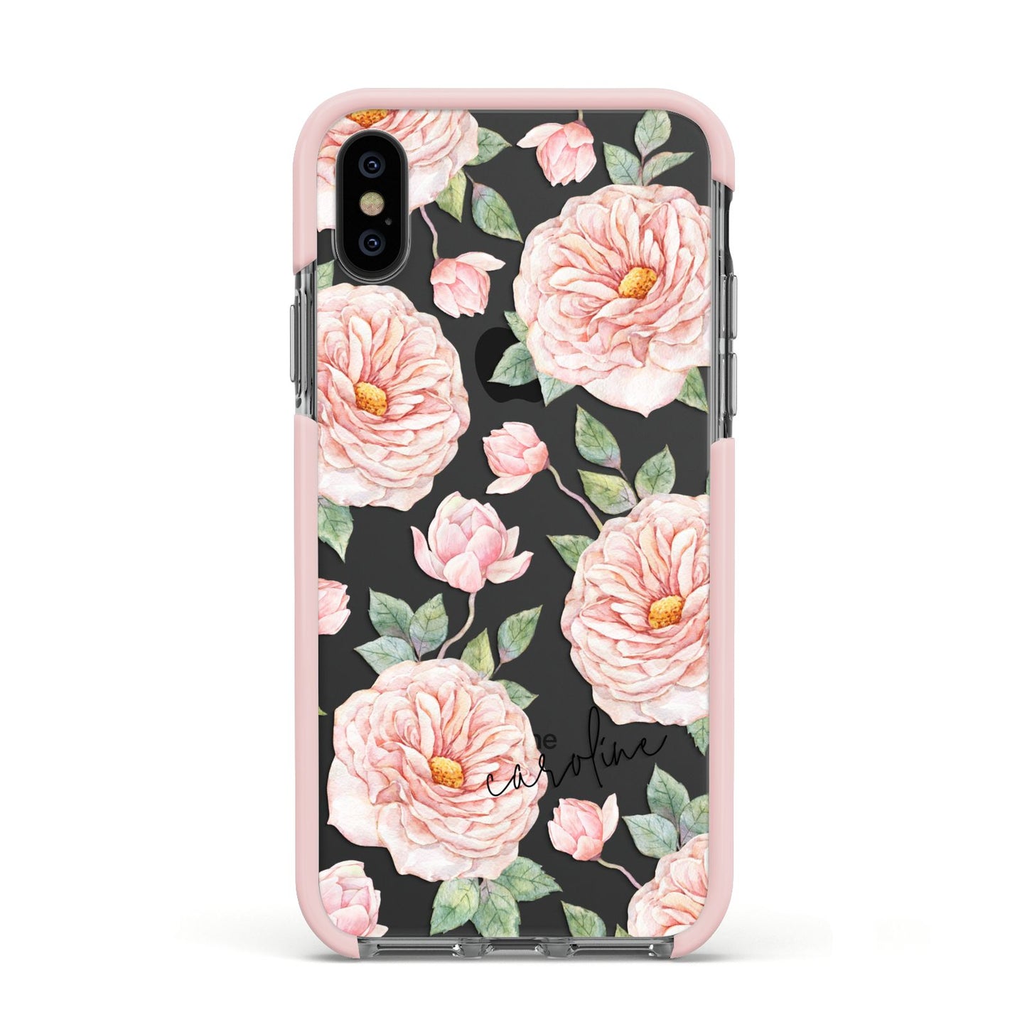 Personalised Peony Apple iPhone Xs Impact Case Pink Edge on Black Phone