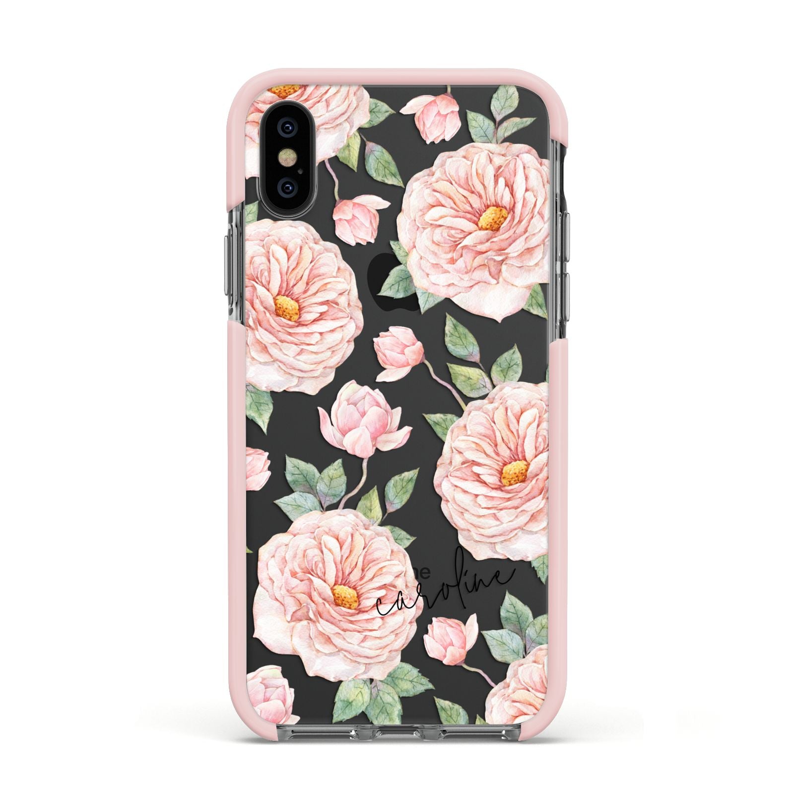 Personalised Peony Apple iPhone Xs Impact Case Pink Edge on Black Phone