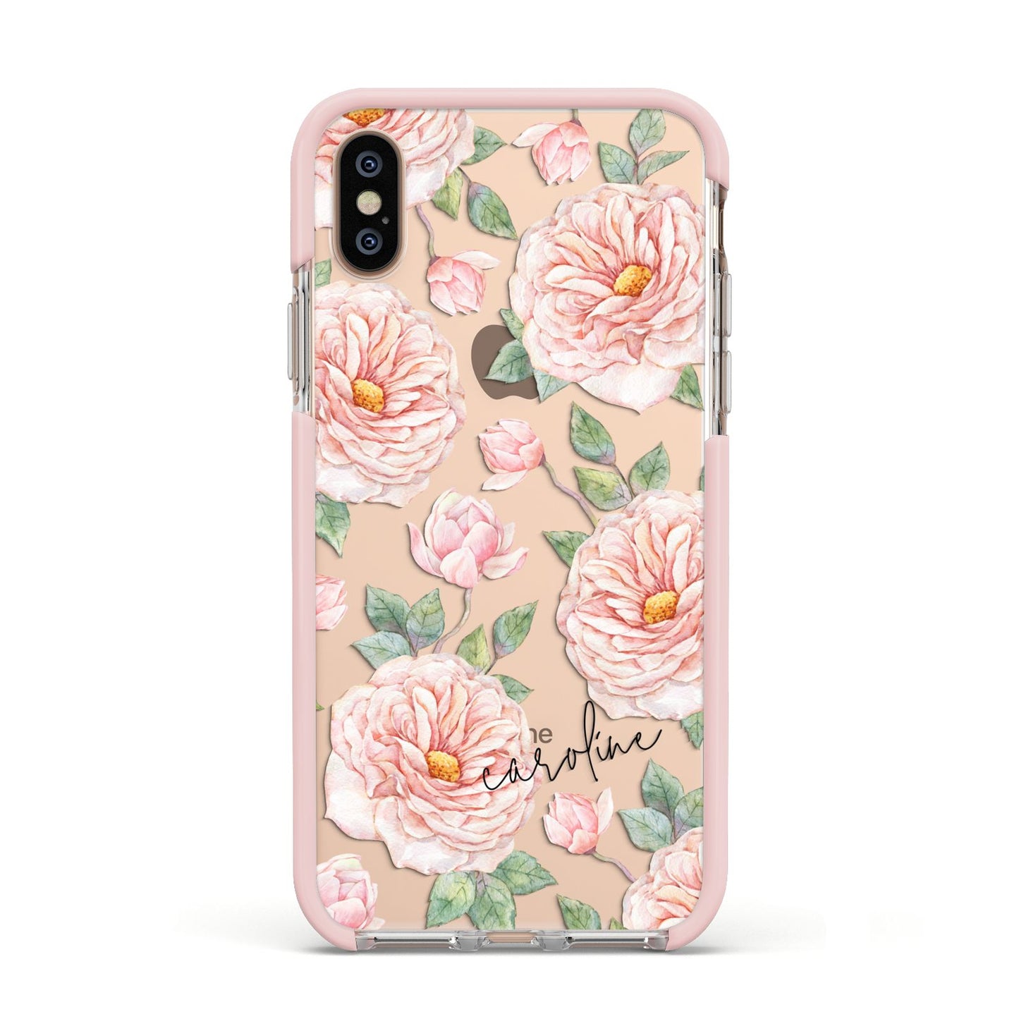 Personalised Peony Apple iPhone Xs Impact Case Pink Edge on Gold Phone