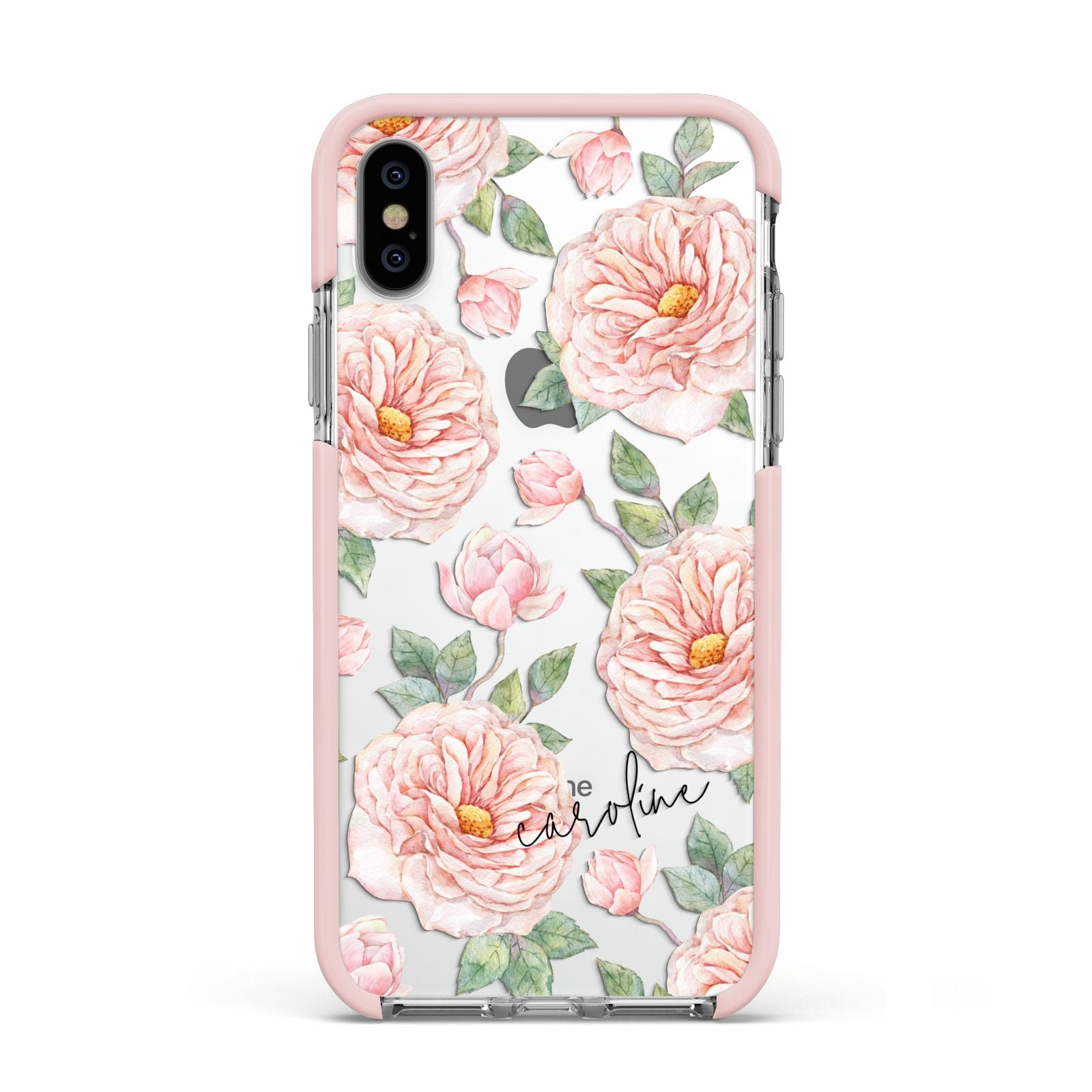 Personalised Peony Apple iPhone Xs Impact Case Pink Edge on Silver Phone