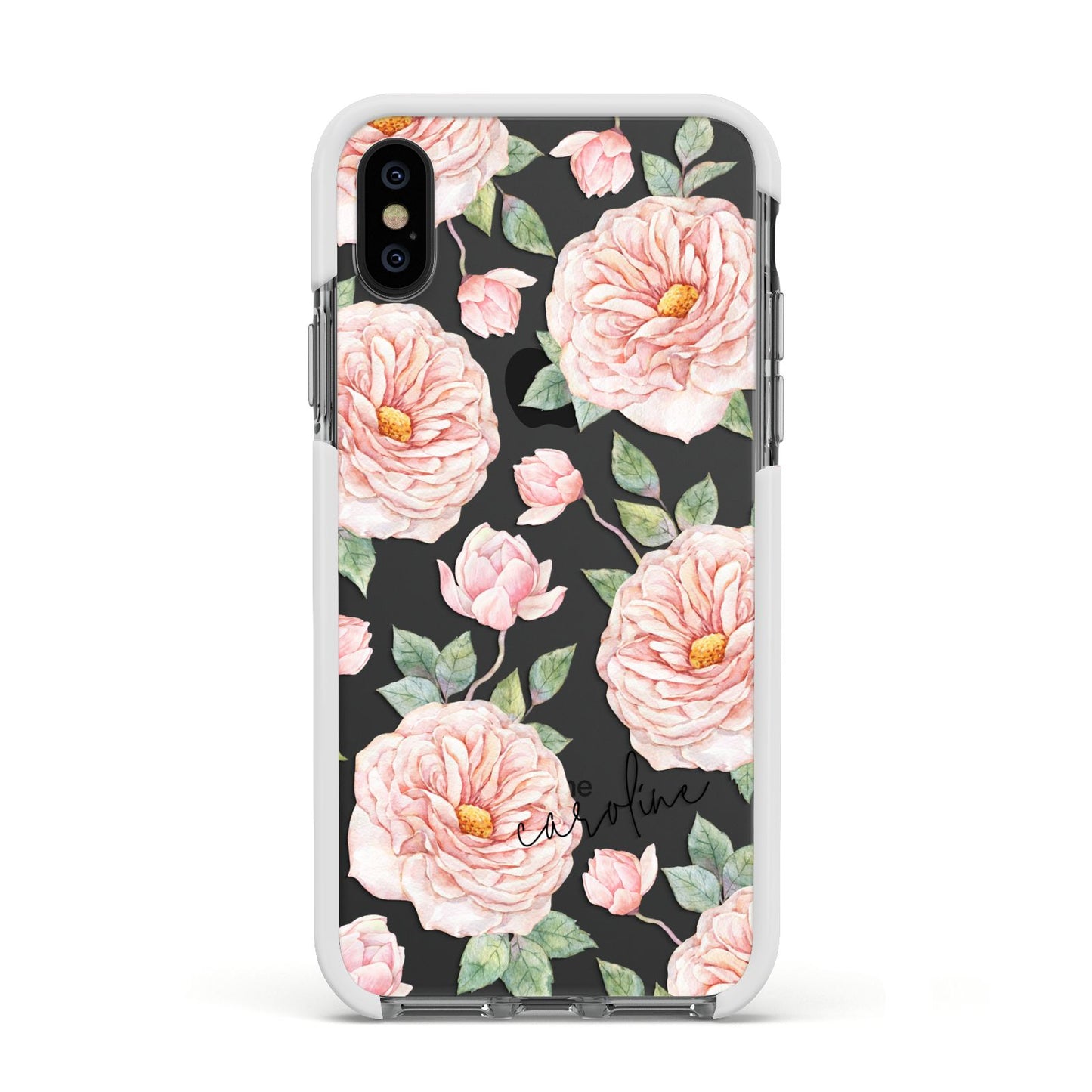 Personalised Peony Apple iPhone Xs Impact Case White Edge on Black Phone
