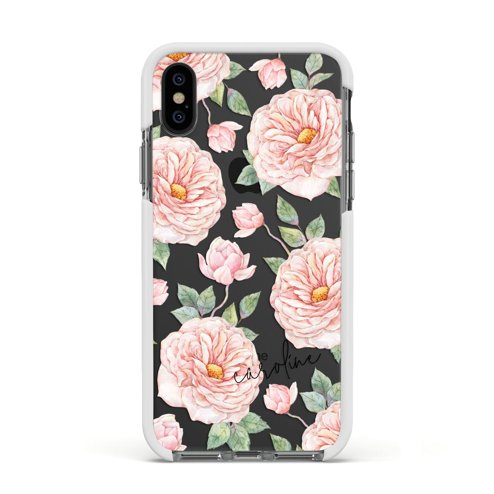 Personalised Peony Apple iPhone Xs Impact Case White Edge on Black Phone